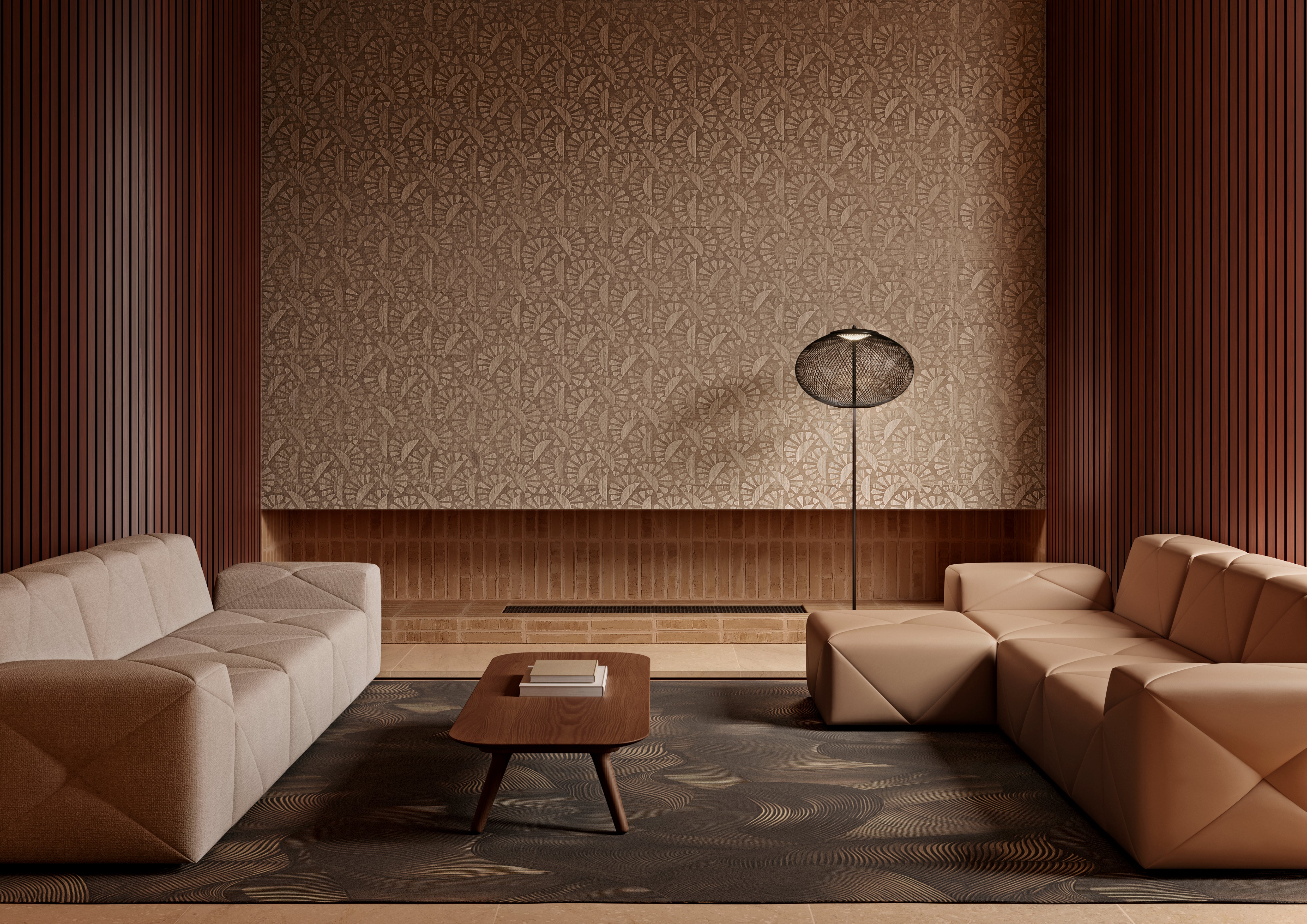 Veneered wallpaper with geometric pattern WOODBLOCK BEETLE FLORA beige