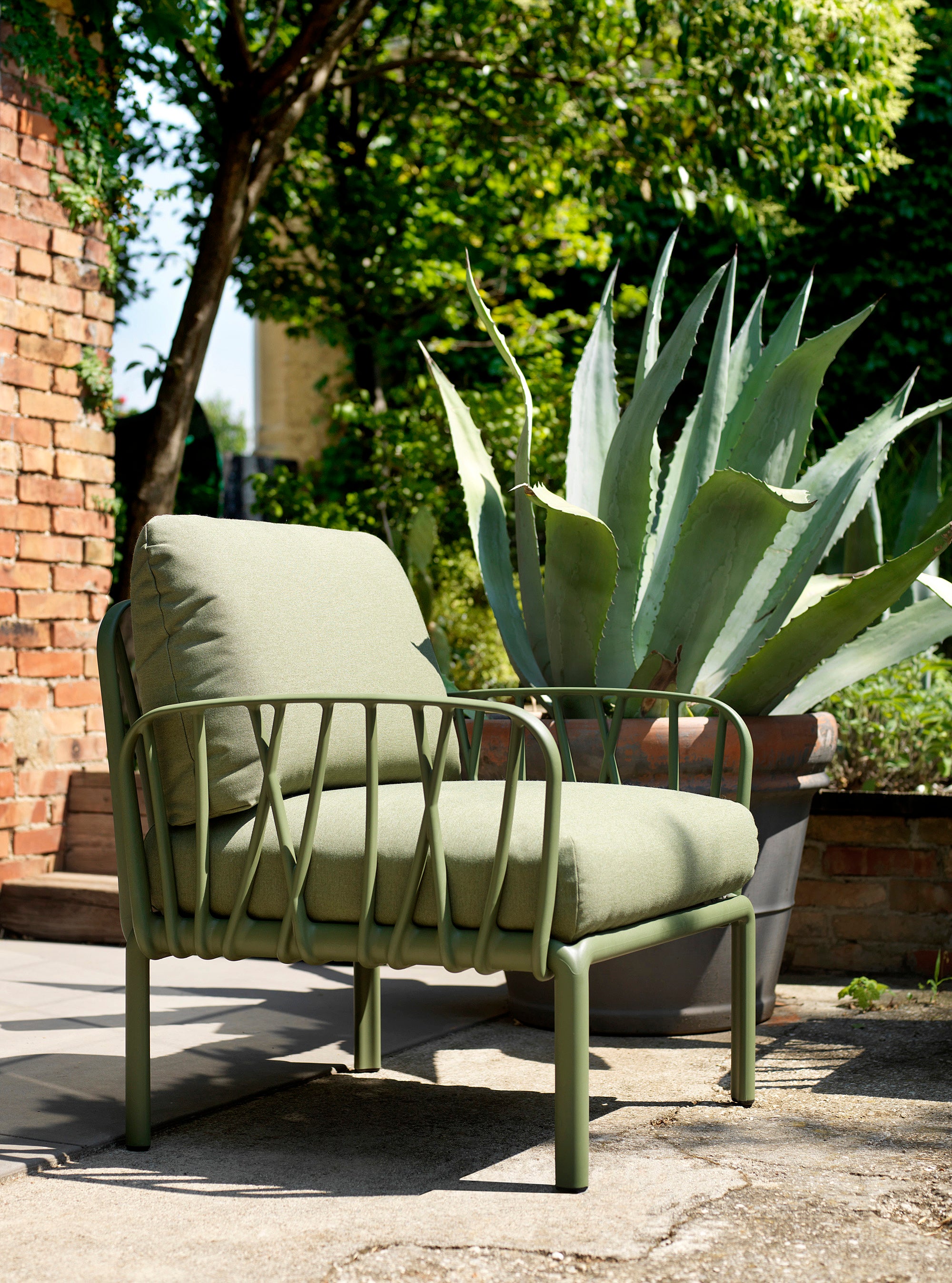 Outdoor Armchair KOMODO in Sky Blue Sunbrella® with Taupe Base
