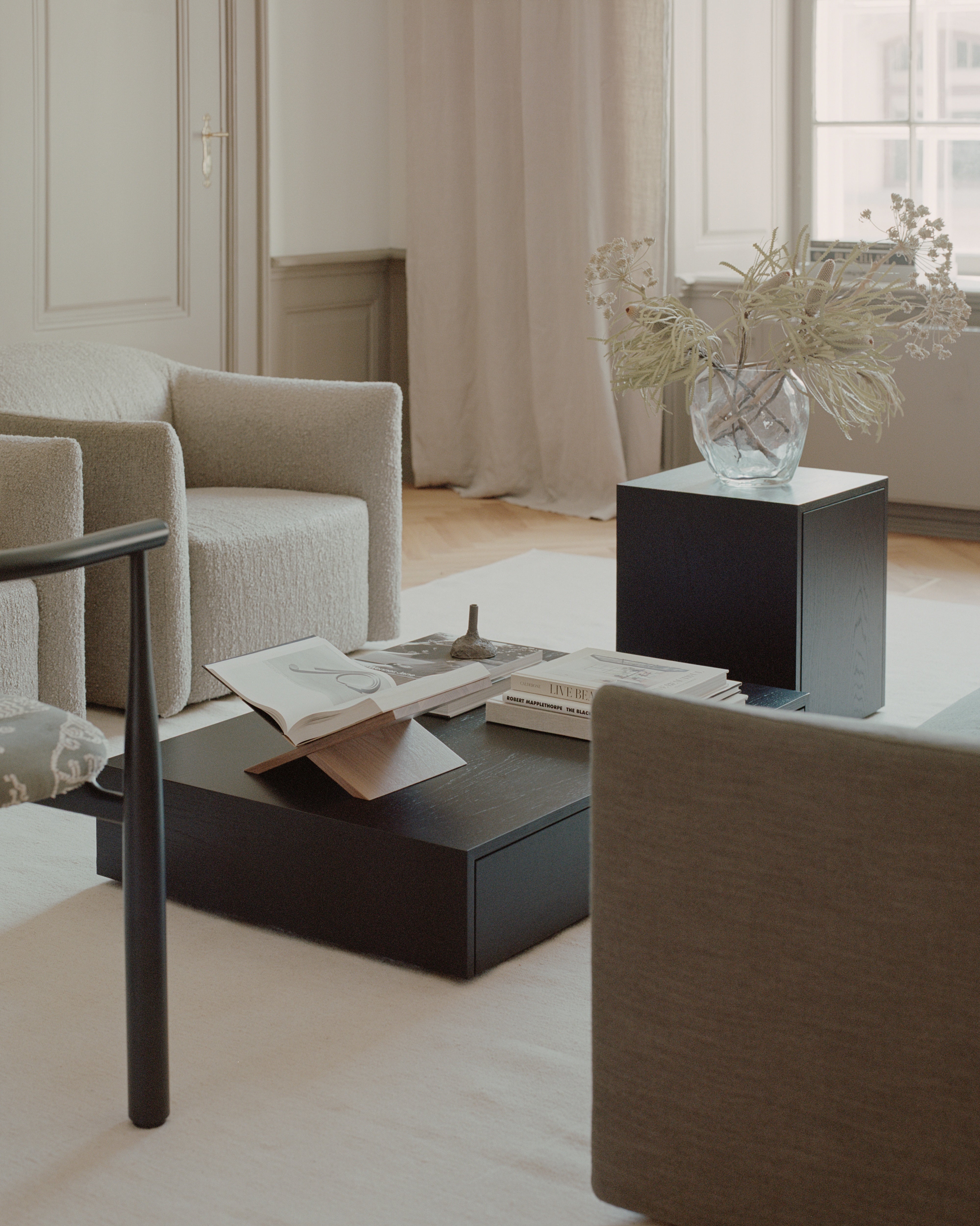 Side table with MASS drawer black oak veneer