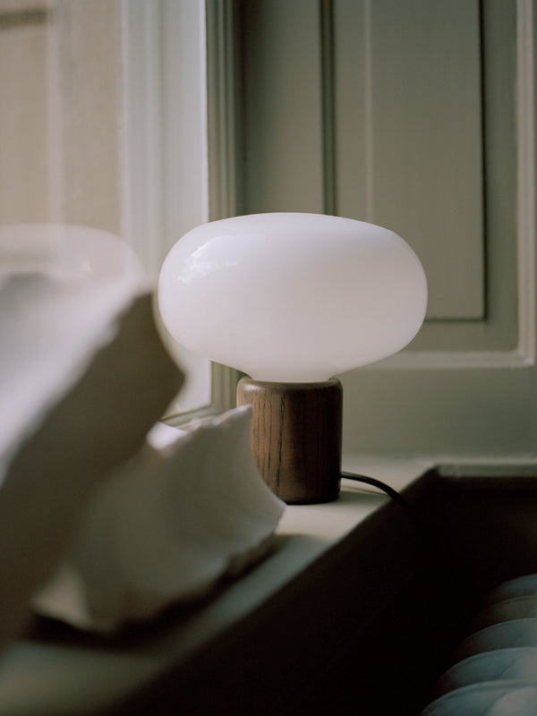 Karl-Johan table lamp iridescent glass with a smoked oak base