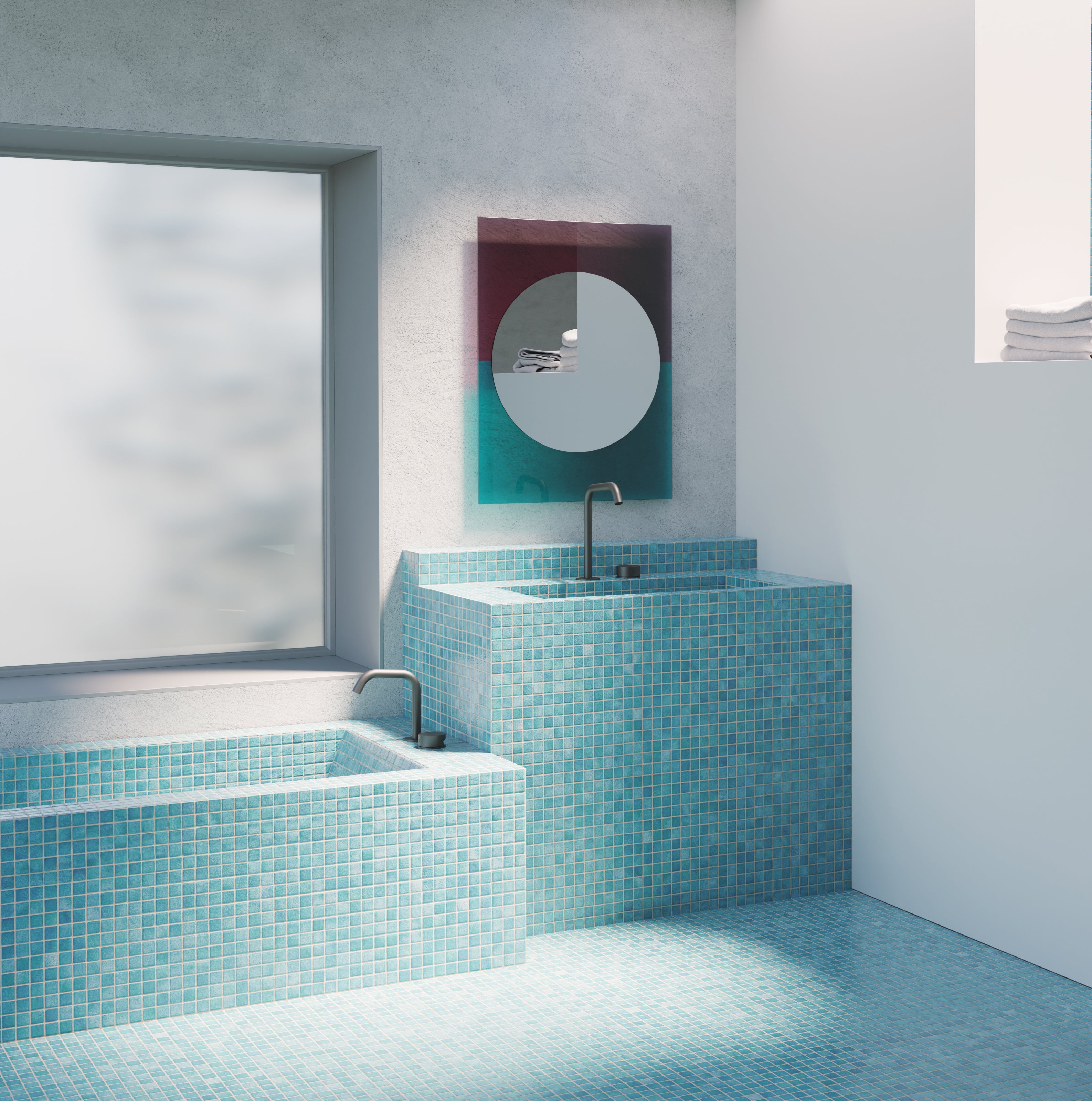 WANDER wall mirror in cherry with blue accents