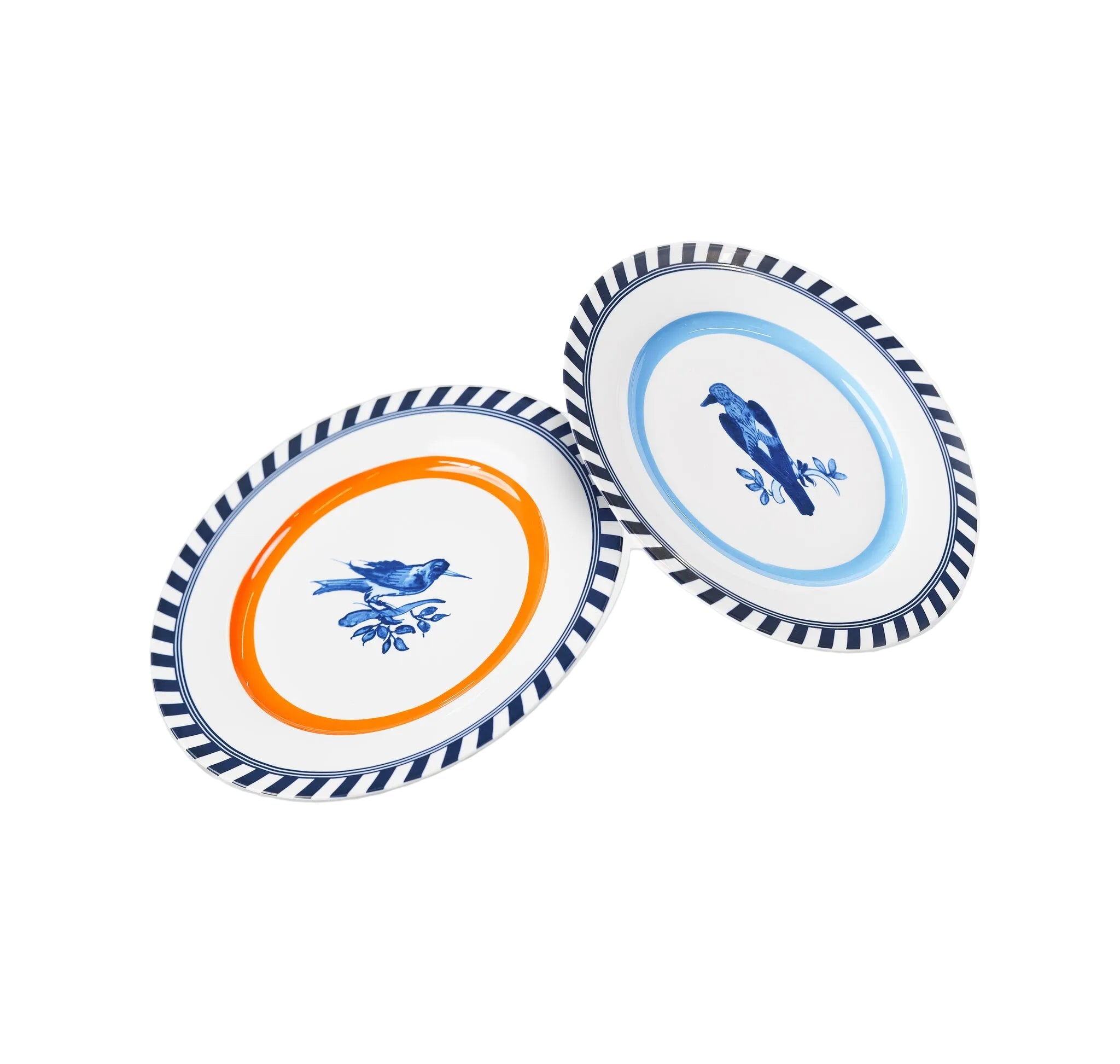 Set von Tellern VOGELMUSTER weiß mit Orange und Blau