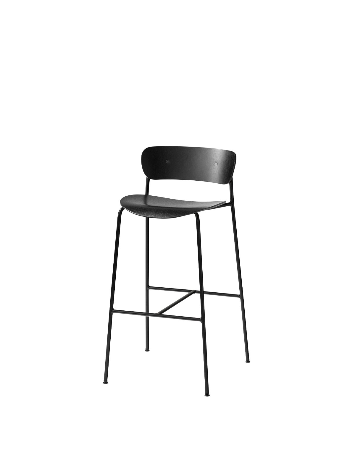 PAVILION Bar Stool with Backrest, Black Lacquered Oak and Black Steel Base