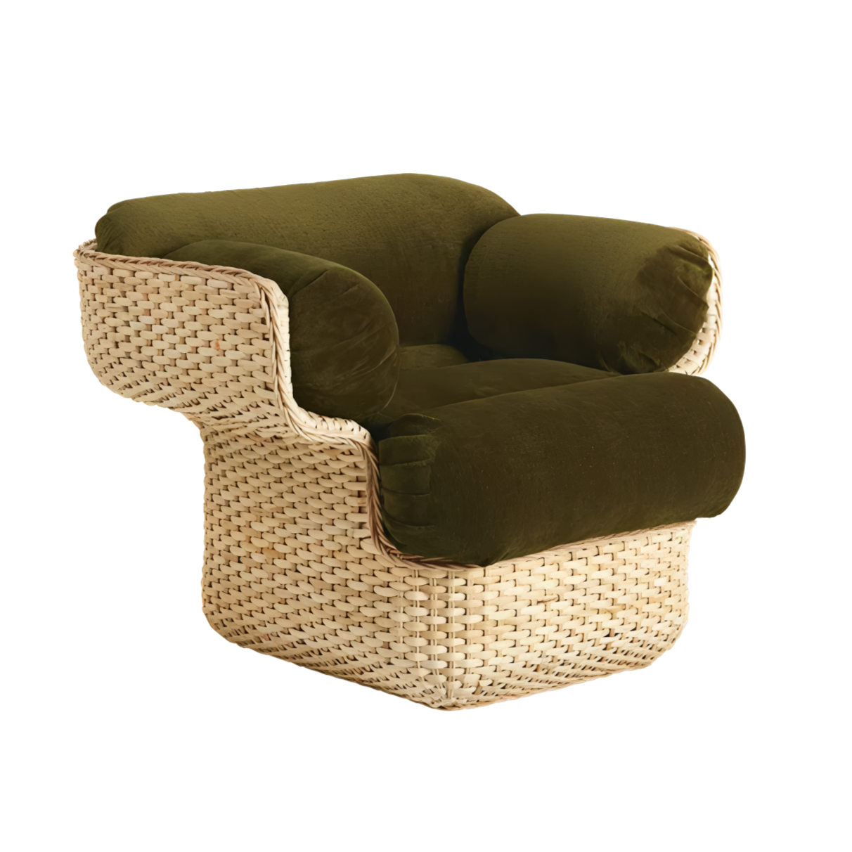 BASKET armchair in green with rattan