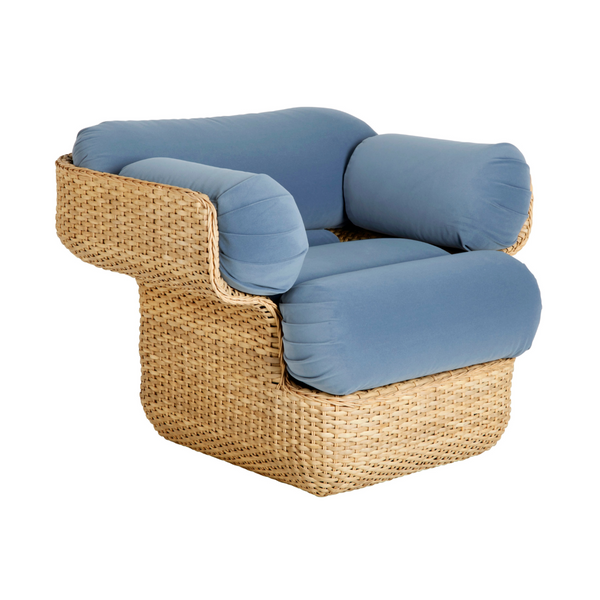BASKET armchair in blue with rattan