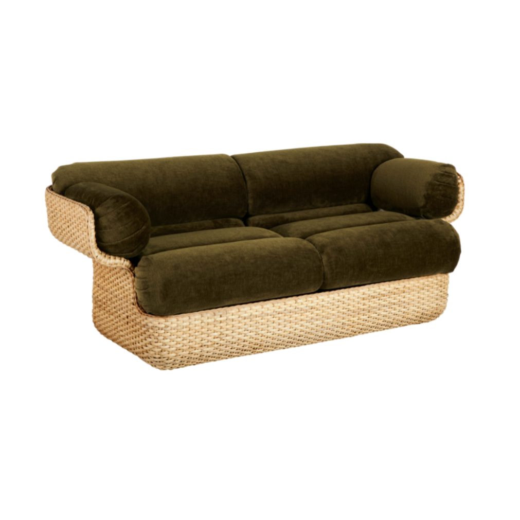 2-seater BASKET sofa in green with rattan