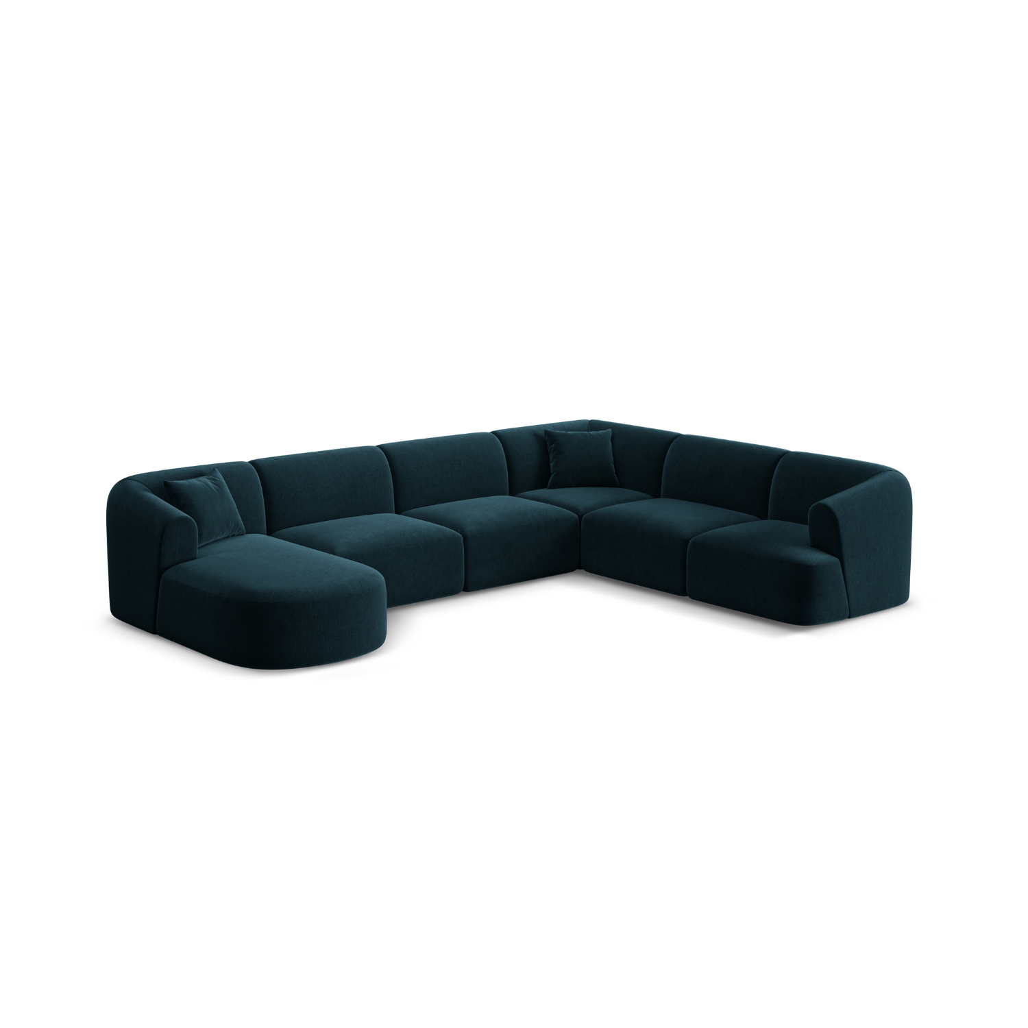 Rechtsseitiges, samtiges, panoramisches 7-sitziges Sofa CAMPI petrol