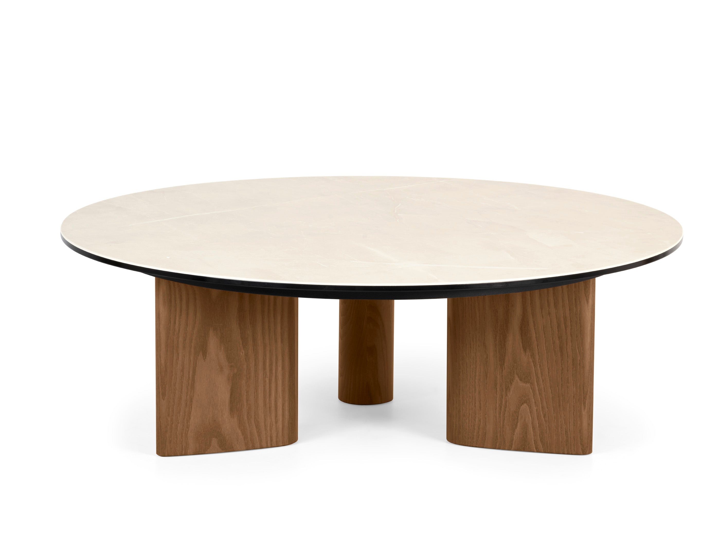 Round Coffee Table SANDY Beige Ceramic with Walnut Base