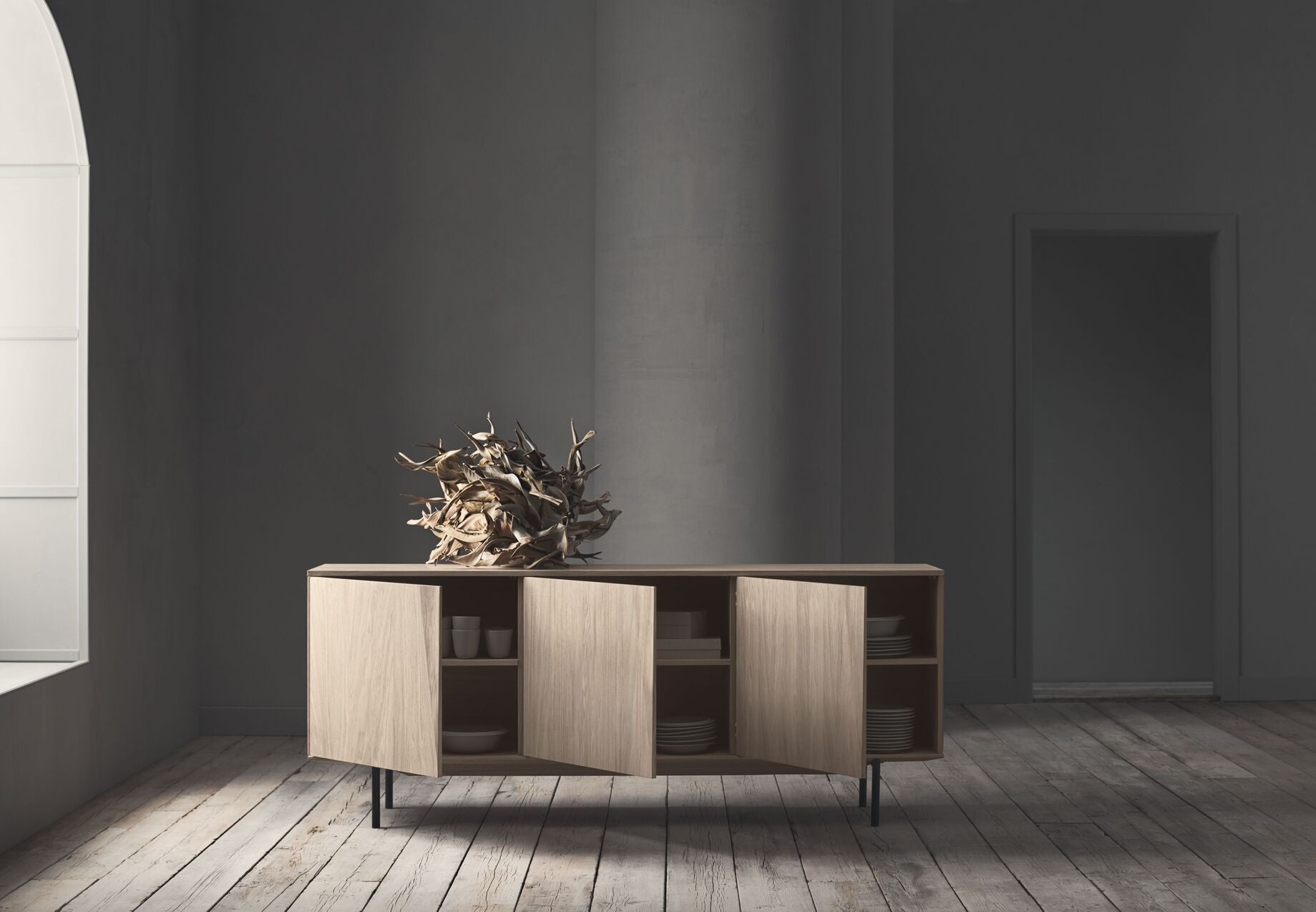 Silent sideboard oak wood with a black base