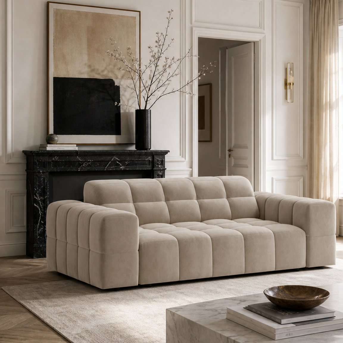 Jennifer Velvet Sofa for Two in Dark Beige