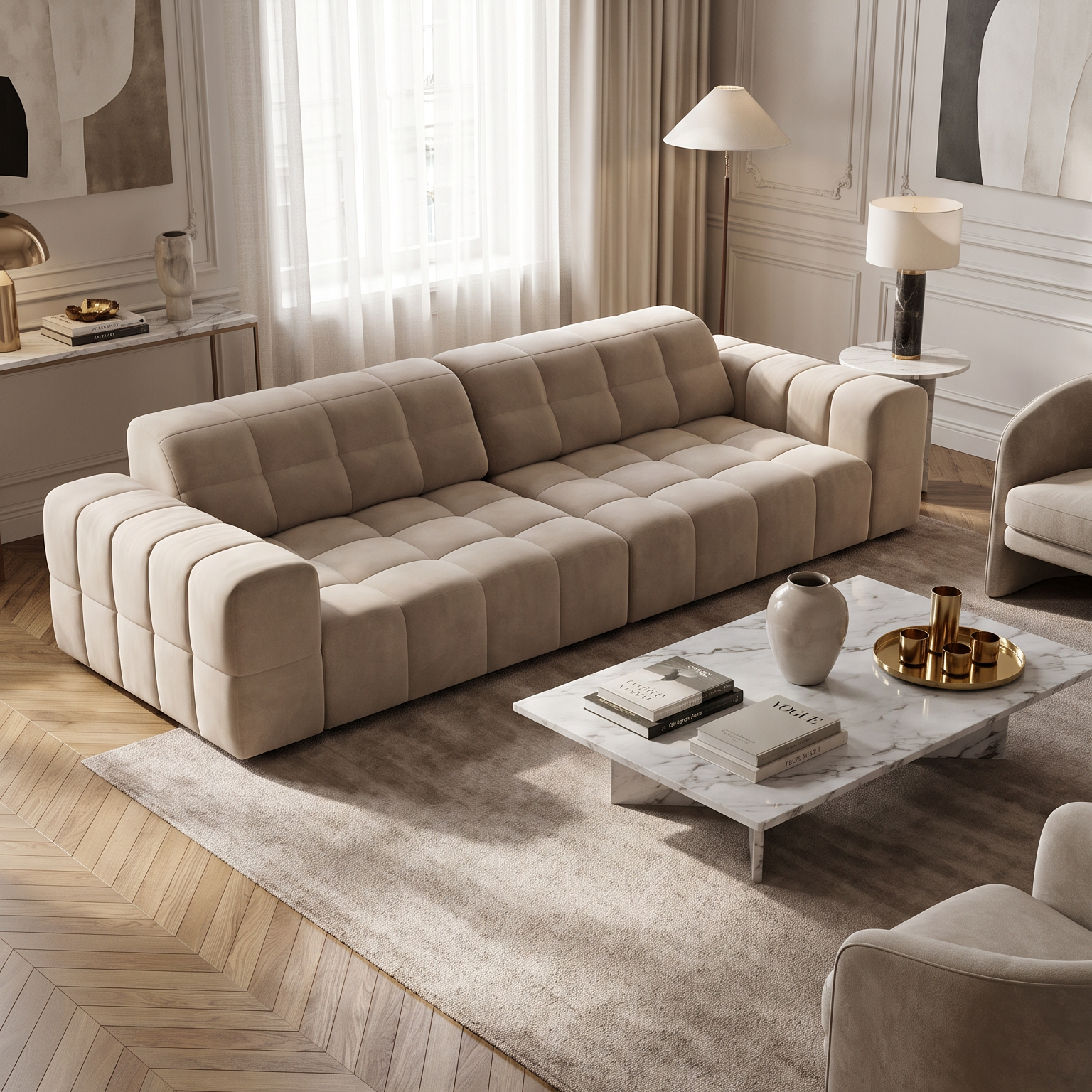 Jennifer 4-Seater Velvet Sofa in Dark Beige