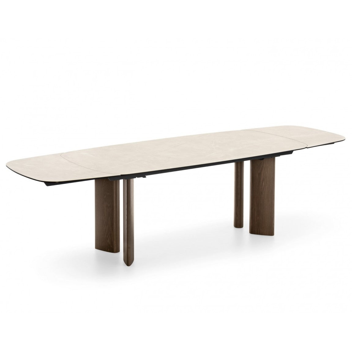 SANDY extendable table with a ceramic top resembling travertine and a walnut base