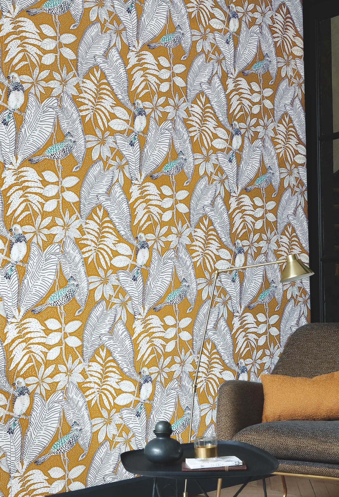 Structural wallpaper with a palm leaf plant motif SIBIA - MARINE navy blue with white