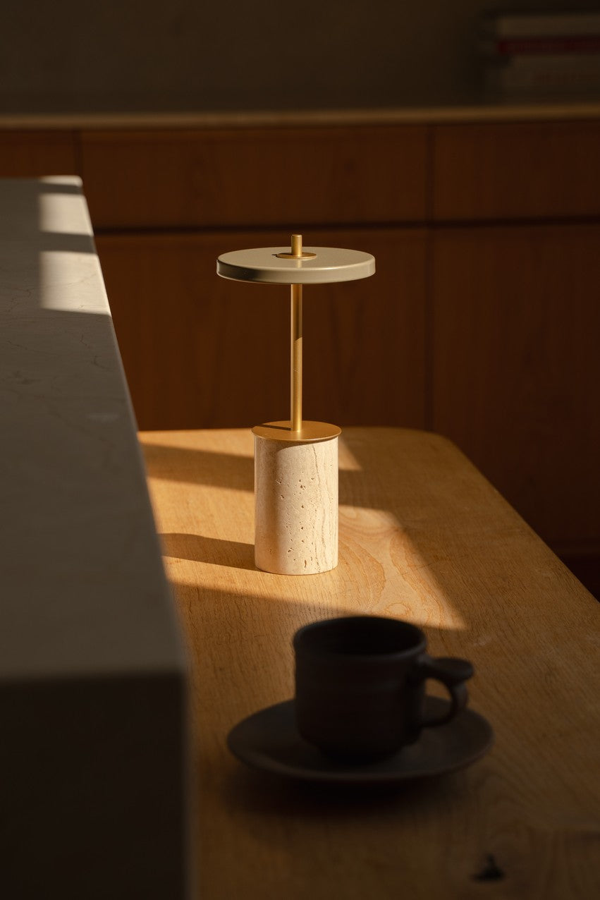ASTERIA MOVE MINI Table Lamp travertine with gold insert