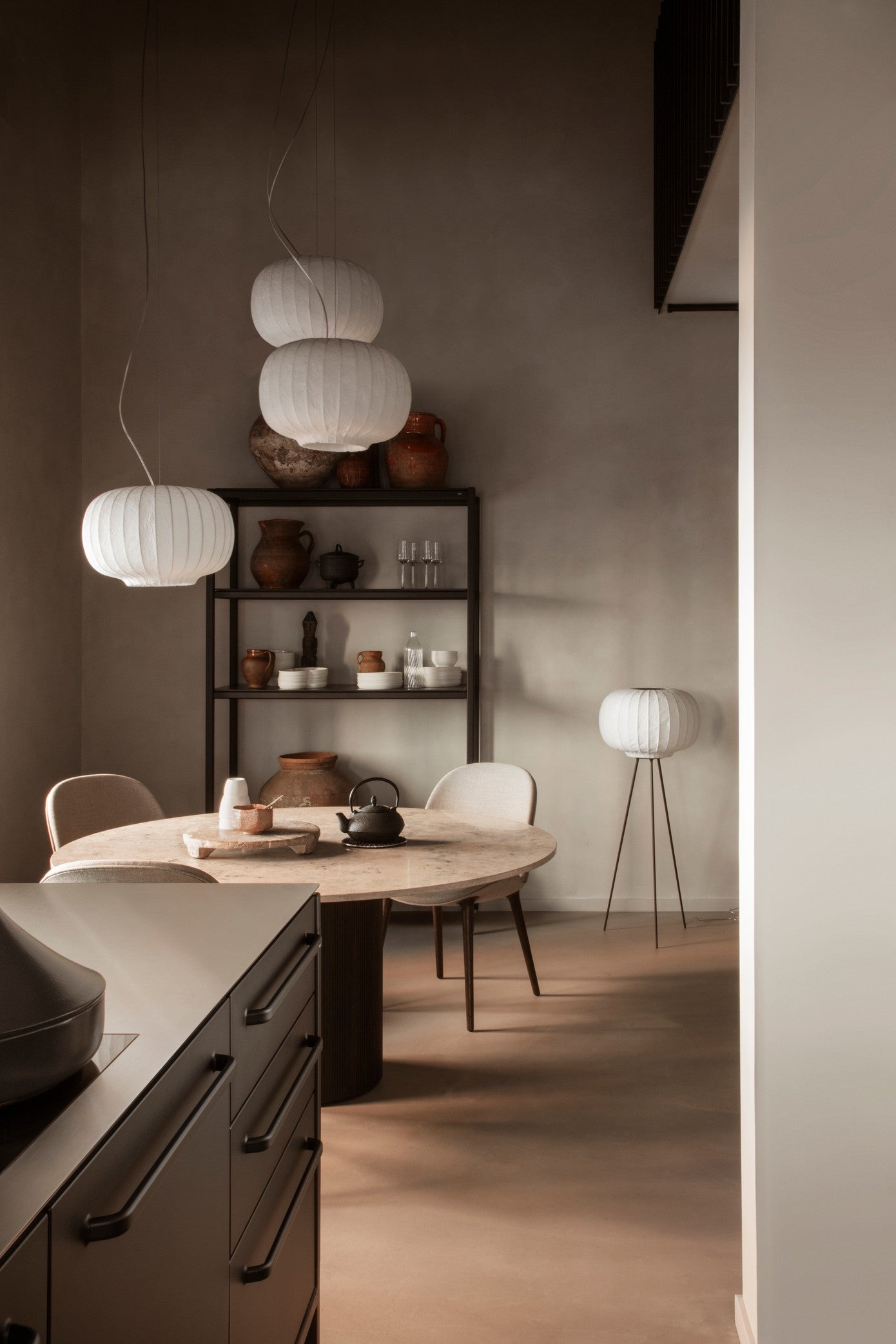 Floor lamp 581 with paper shade and dark metal base