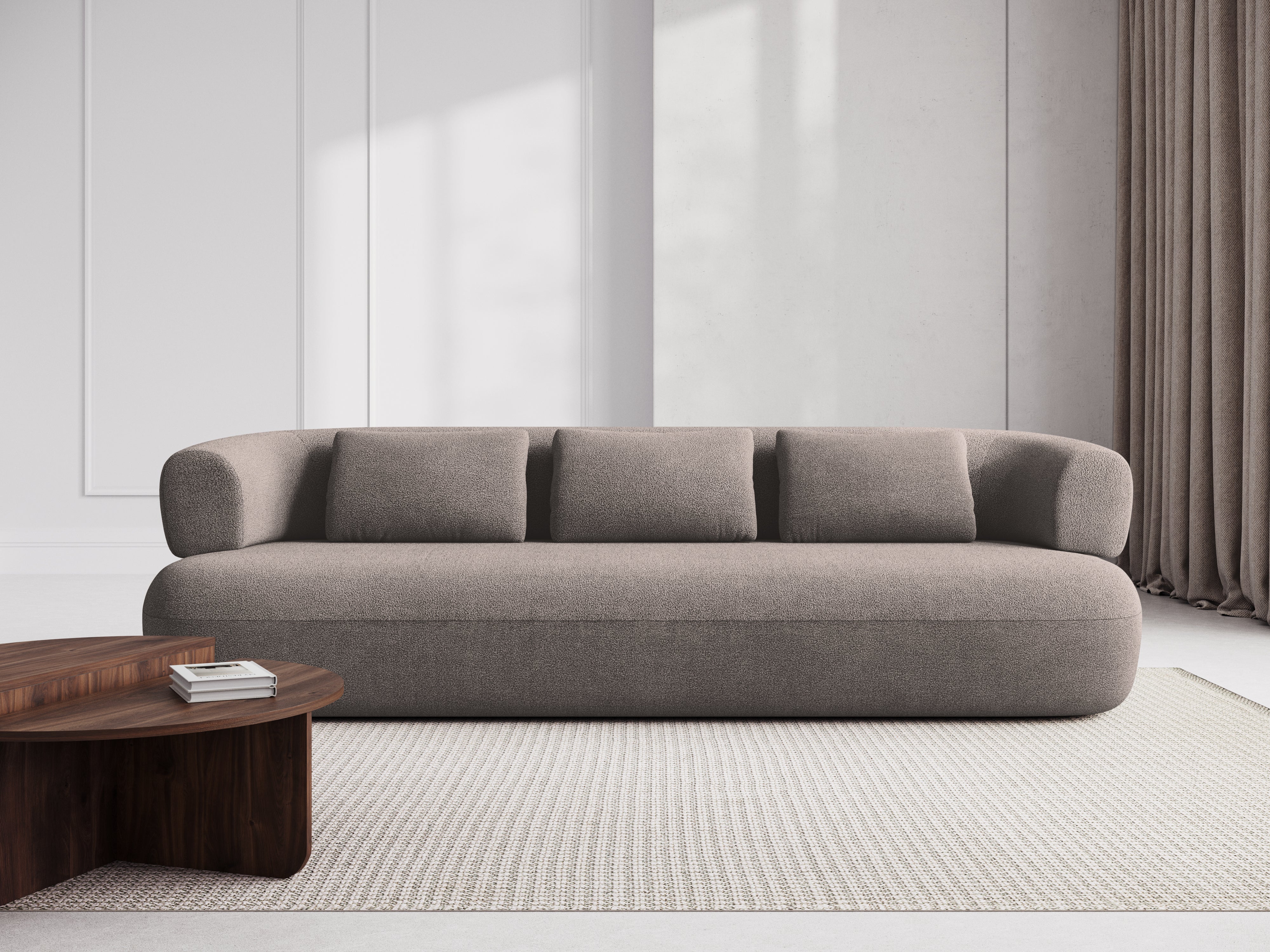 Right-facing 2-seater corner sofa ALDRIN in light brown boucle.