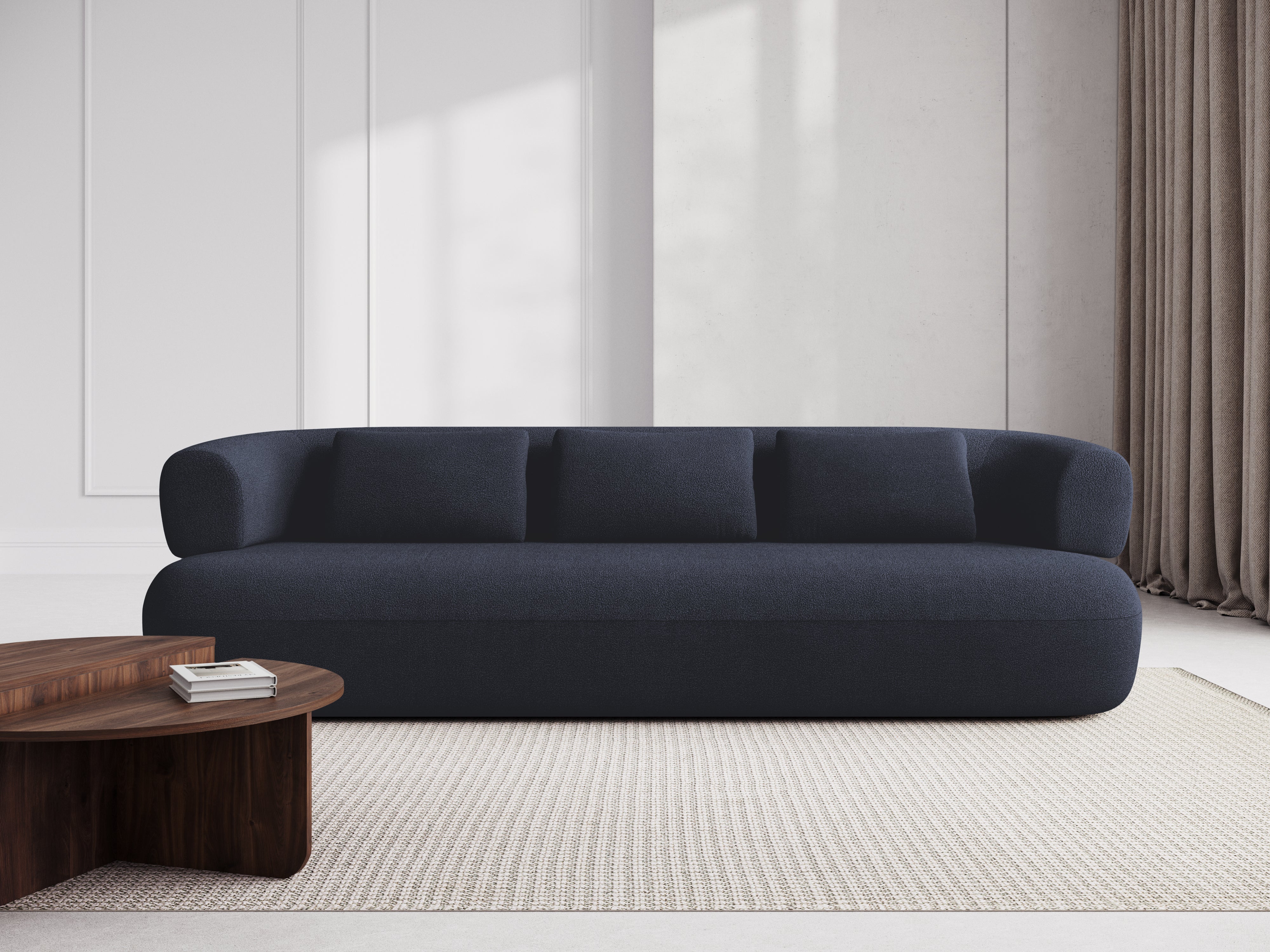 Right-facing 2-seater corner sofa ALDRIN in navy blue boucle
