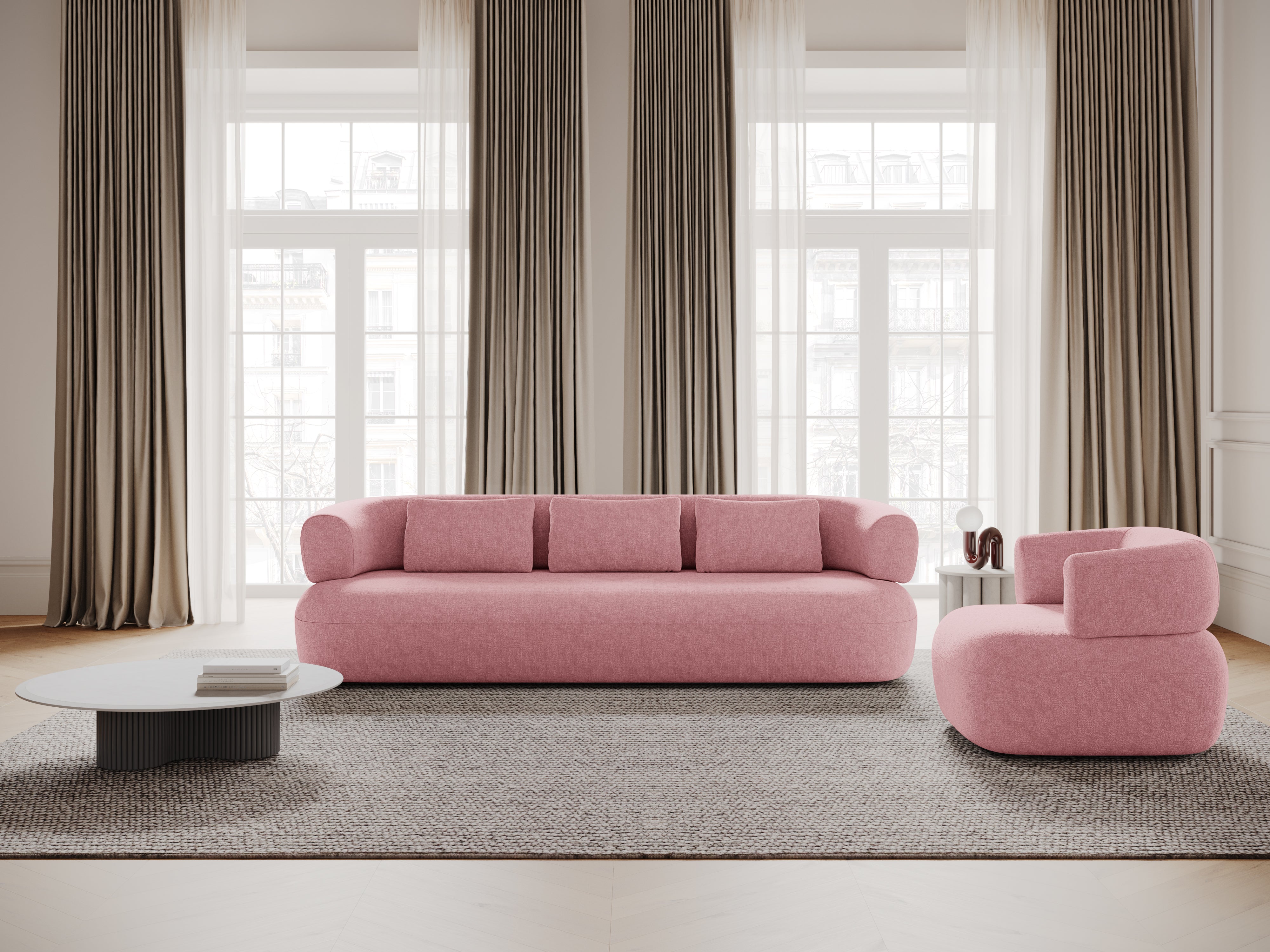 Right-facing 2-seater corner sofa ALDRIN in pink chenille