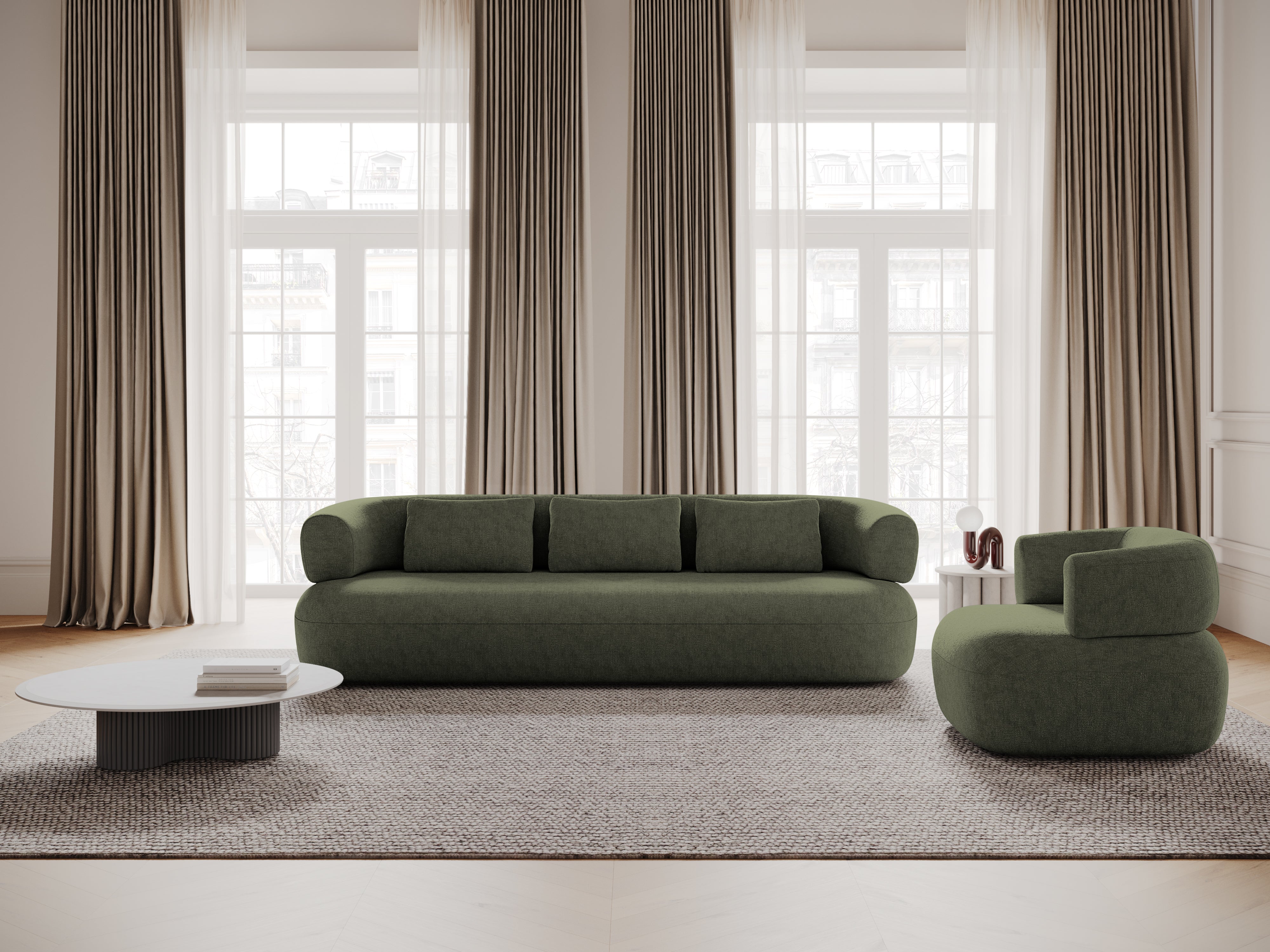 Right-facing 2-seater corner sofa ALDRIN in green chenille