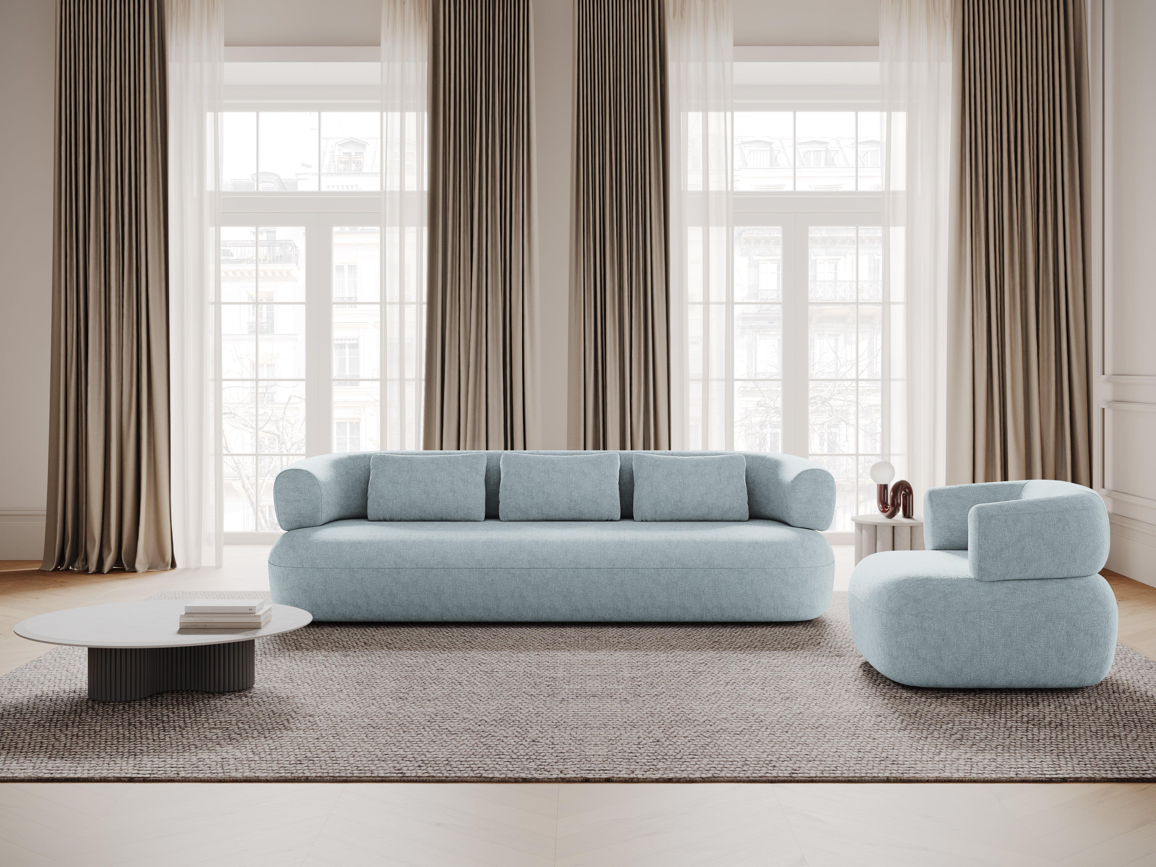 Right-facing 2-seater corner sofa ALDRIN in blue chenille