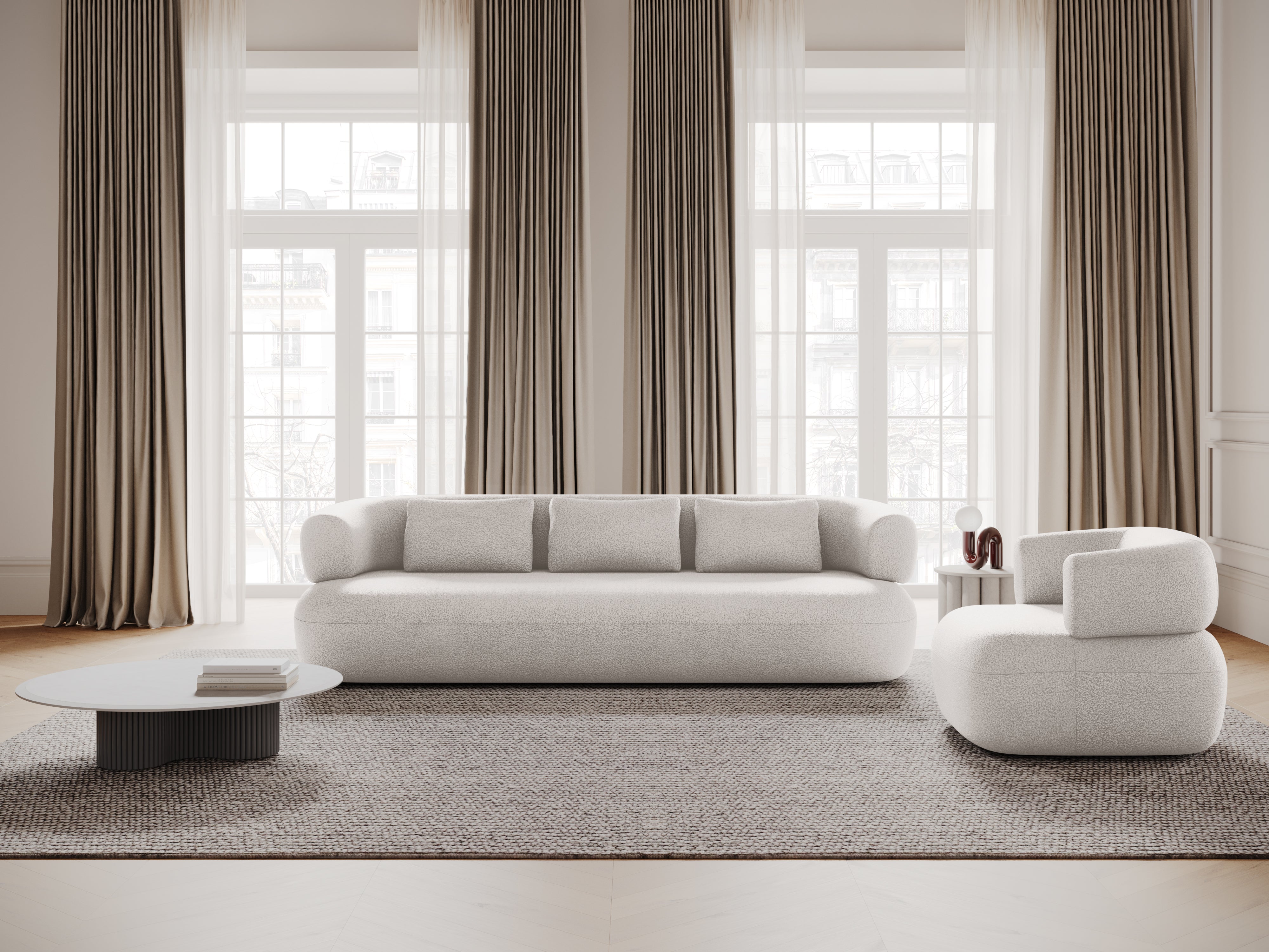 Left-facing 2-seater corner sofa ALDRIN in white boucle