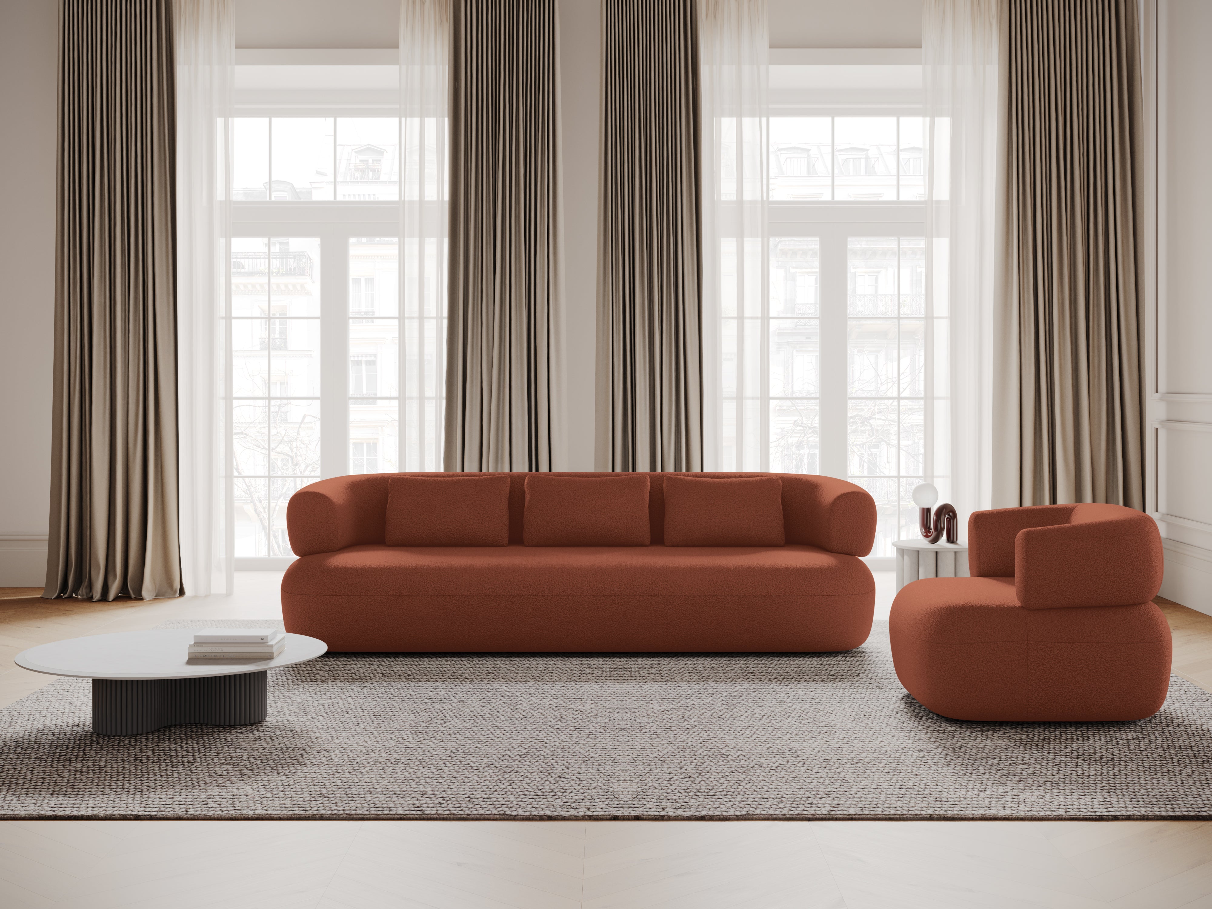 Left-facing 2-seater corner sofa ALDRIN in brick boucle