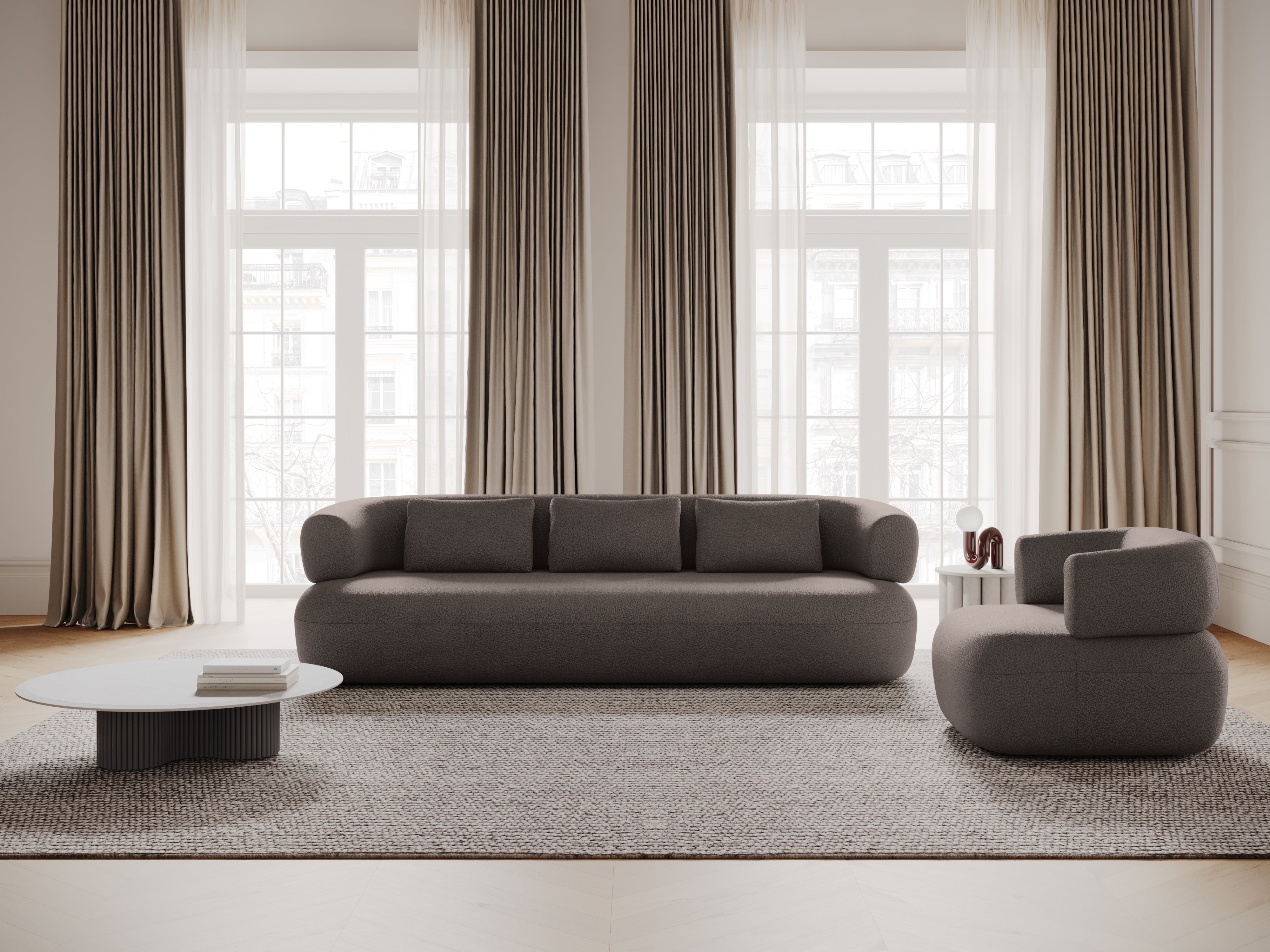 Right-facing 3-seater corner sofa ALDRIN in light brown boucle.