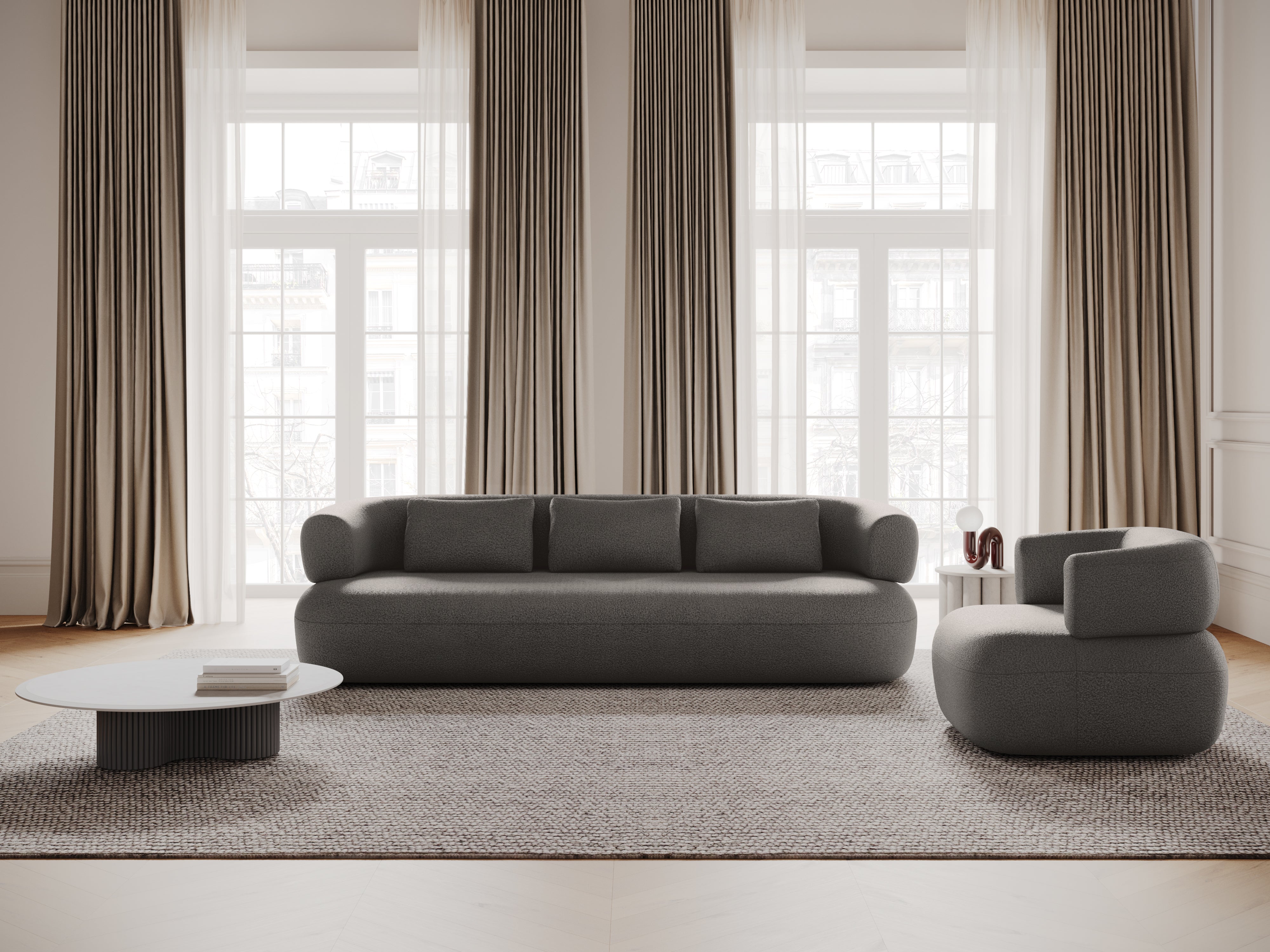 Right-facing 3-seater corner sofa ALDRIN in light gray boucle.