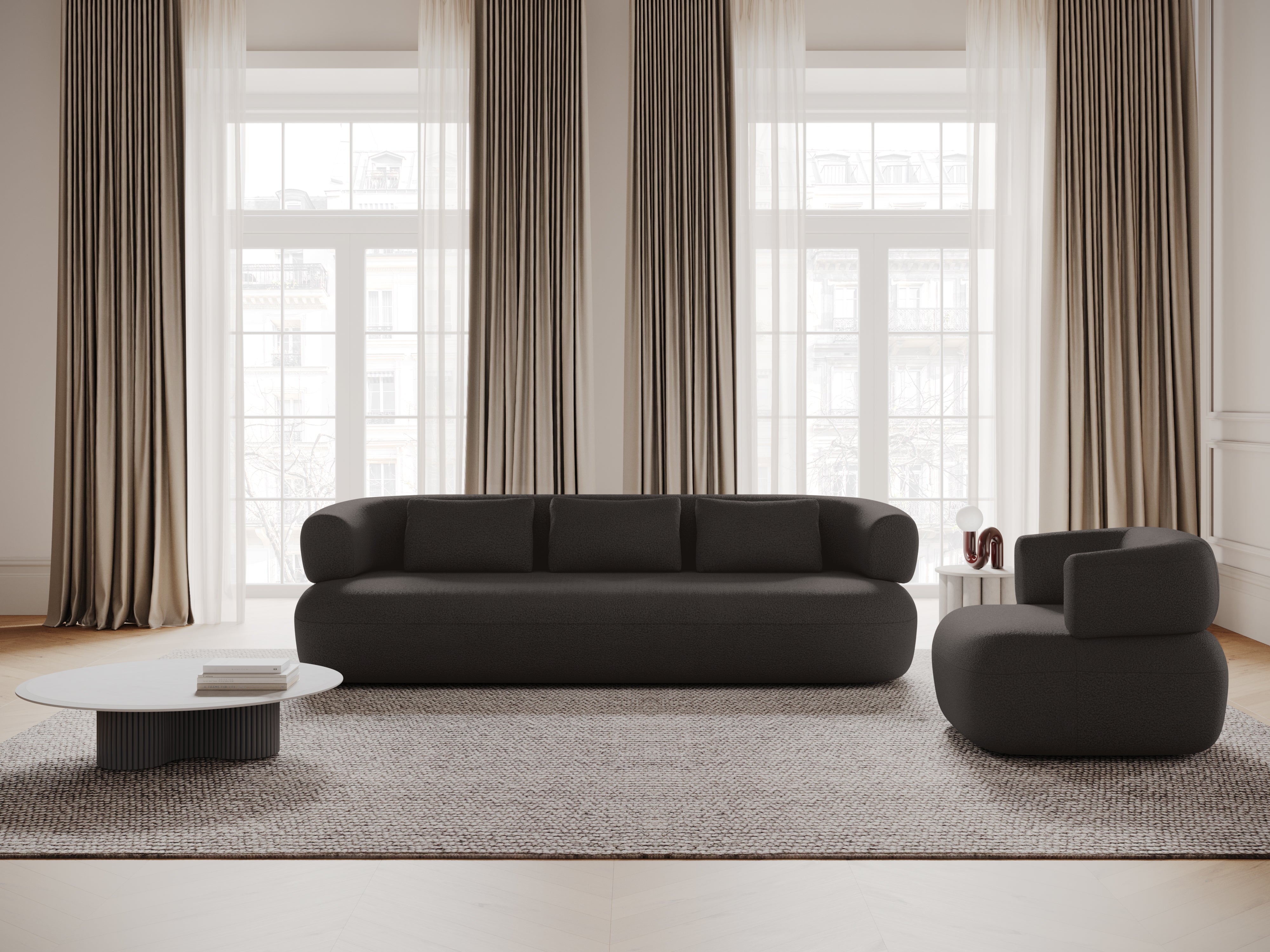 Right-facing 2-seater corner sofa ALDRIN in gray boucle