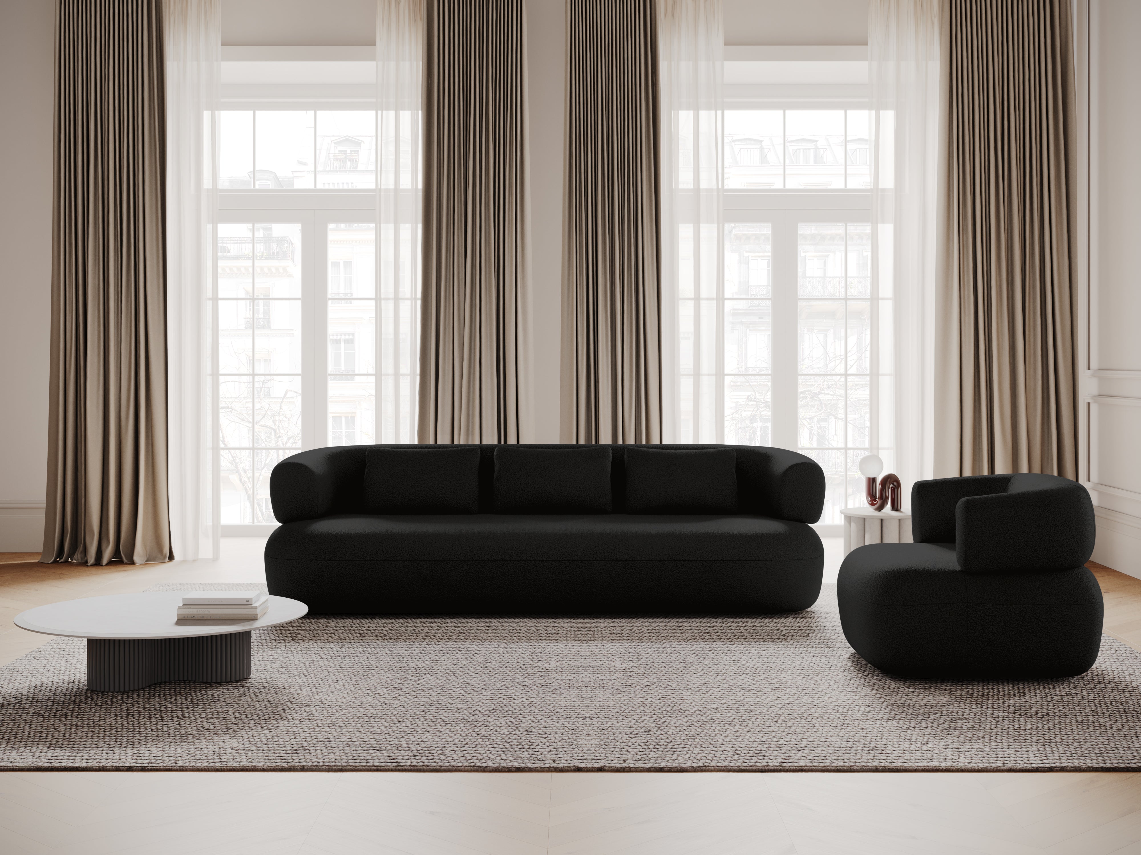 Left-facing 2-seater corner sofa ALDRIN in black boucle