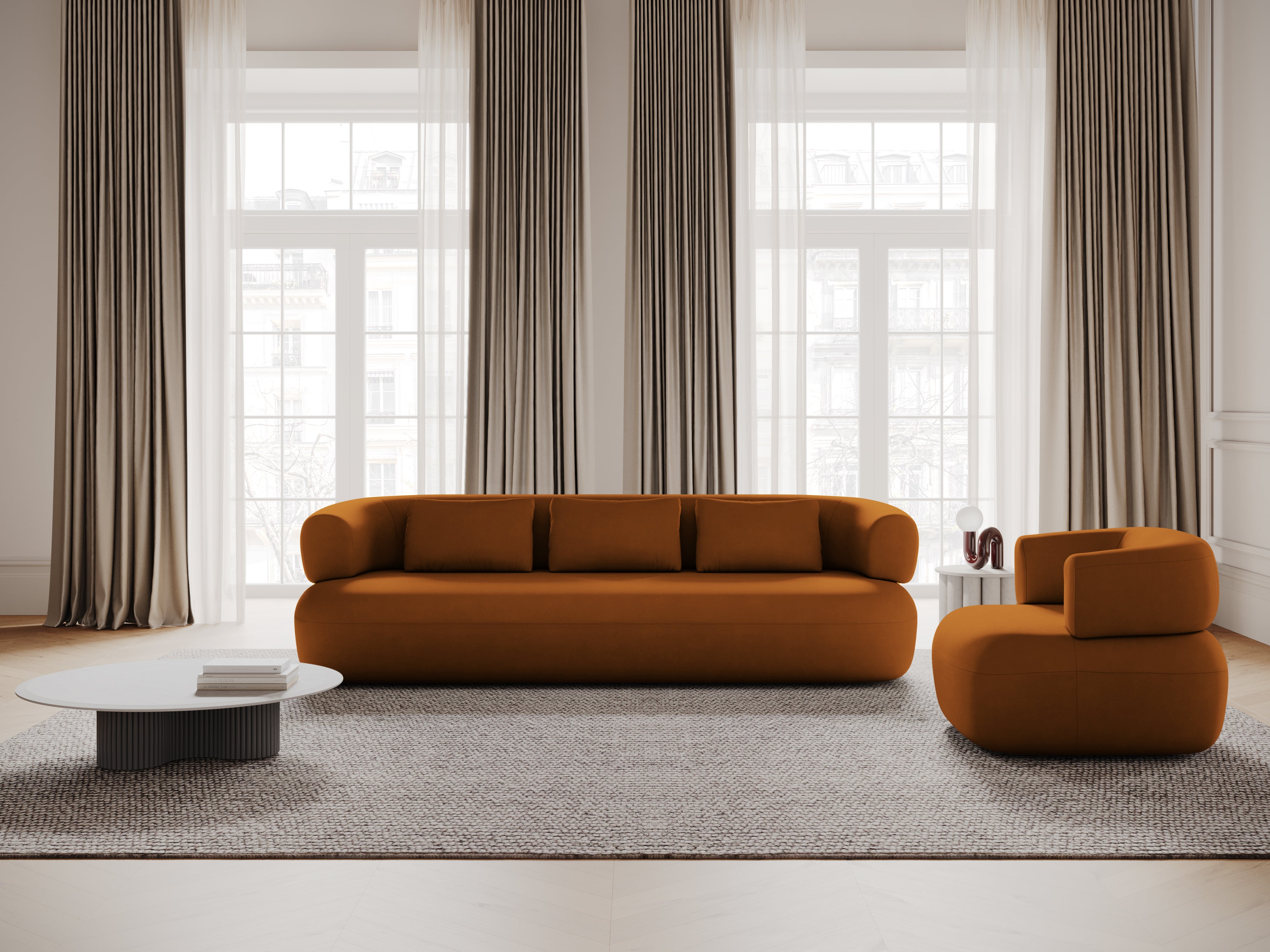 Velvet corner sofa for two, right-facing, ALDRIN in brick red.