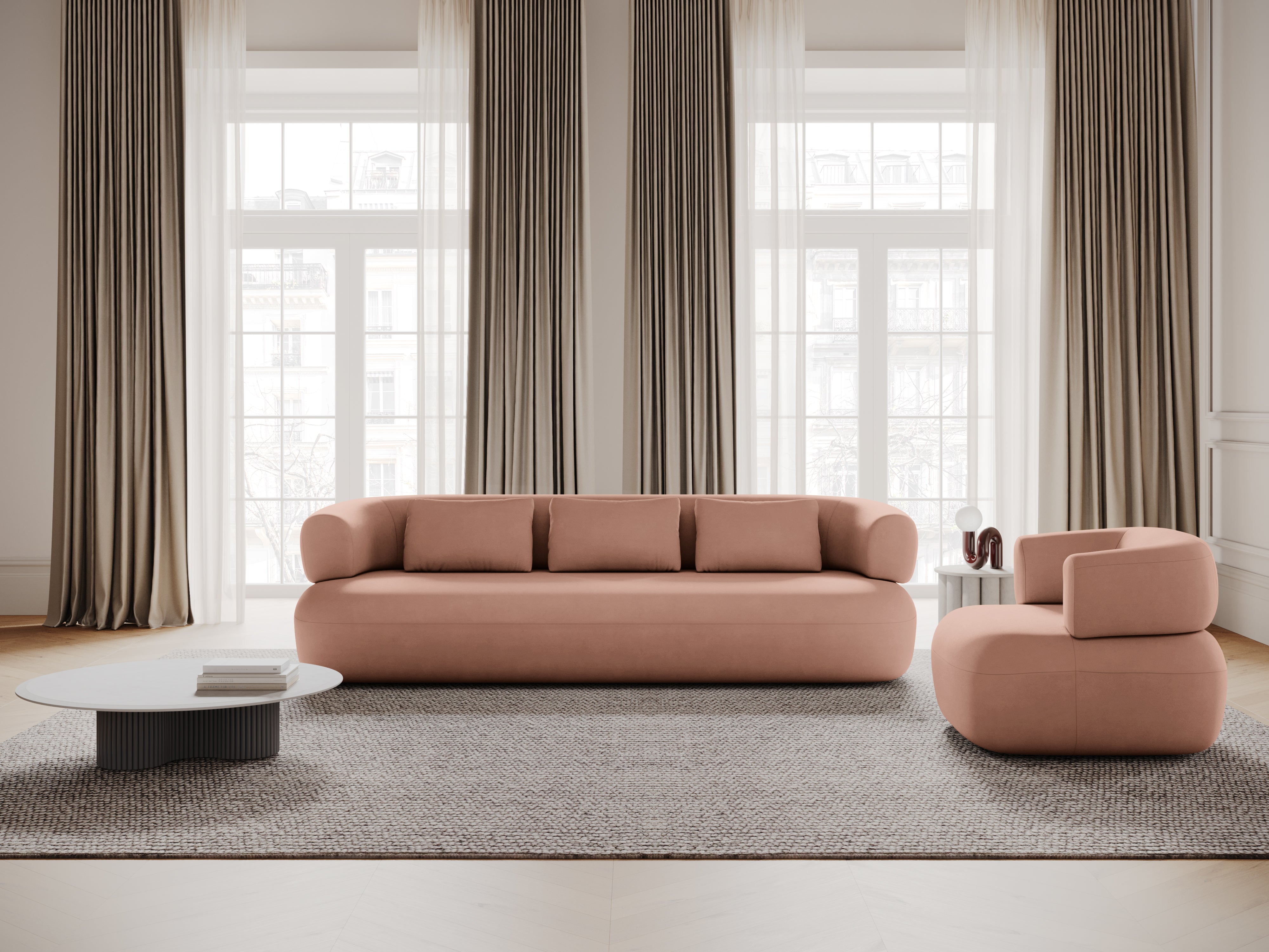 Velvet corner sofa for two, right-facing, ALDRIN in pink.