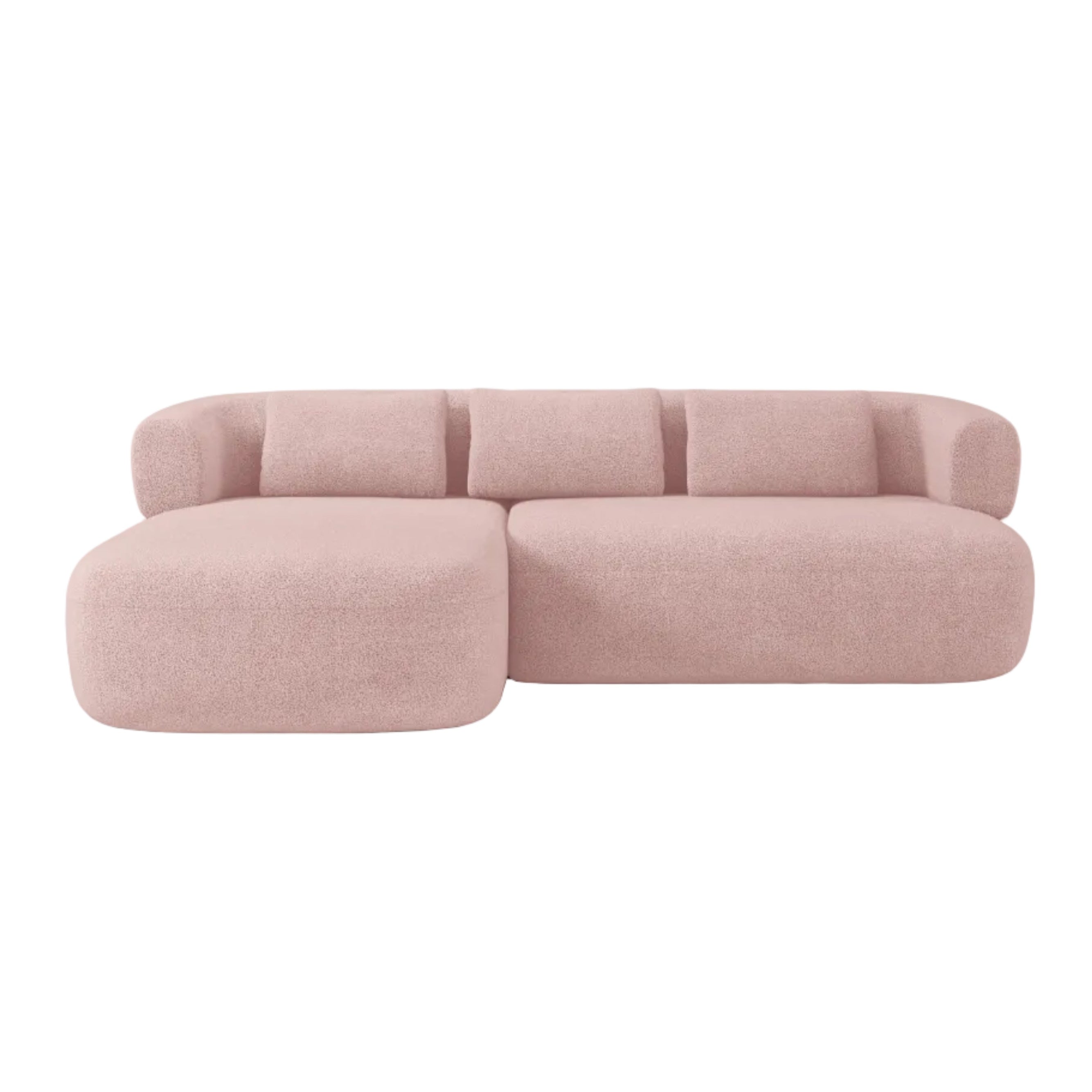 Left-facing 3-seater corner sofa ALDRIN in powder pink boucle.