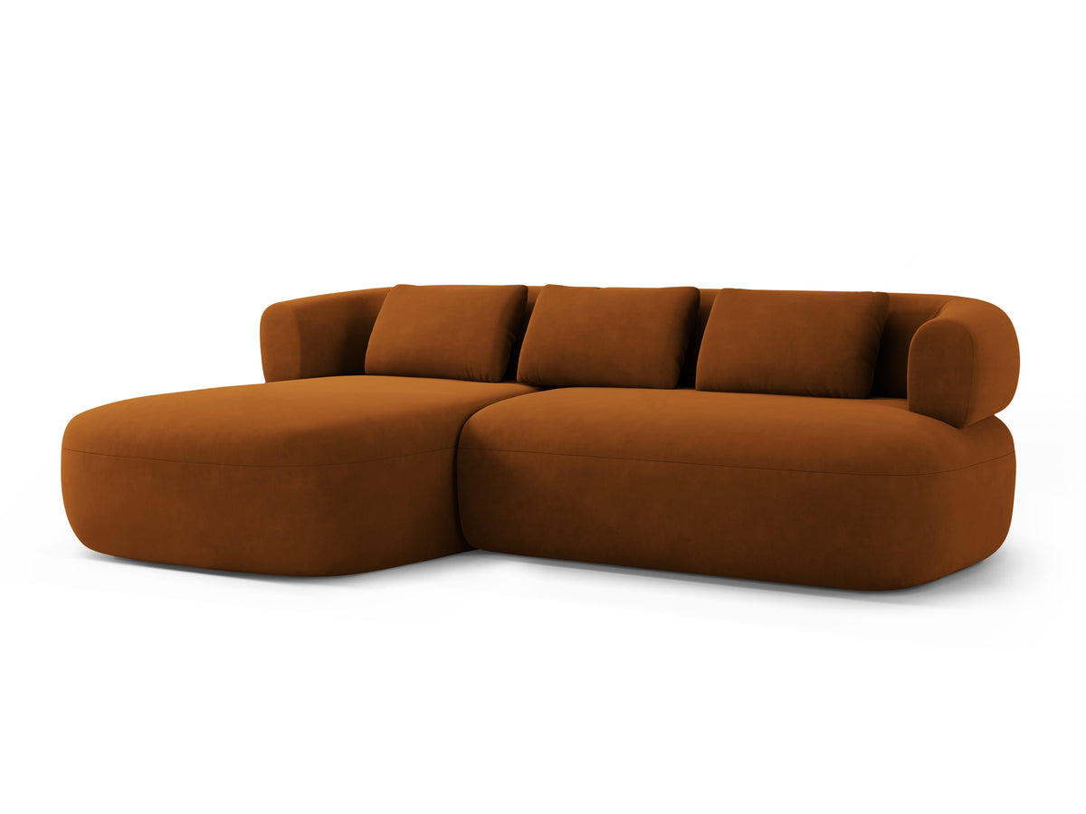 Velvet corner sofa for three people, left-facing, ALDRIN in brick red.