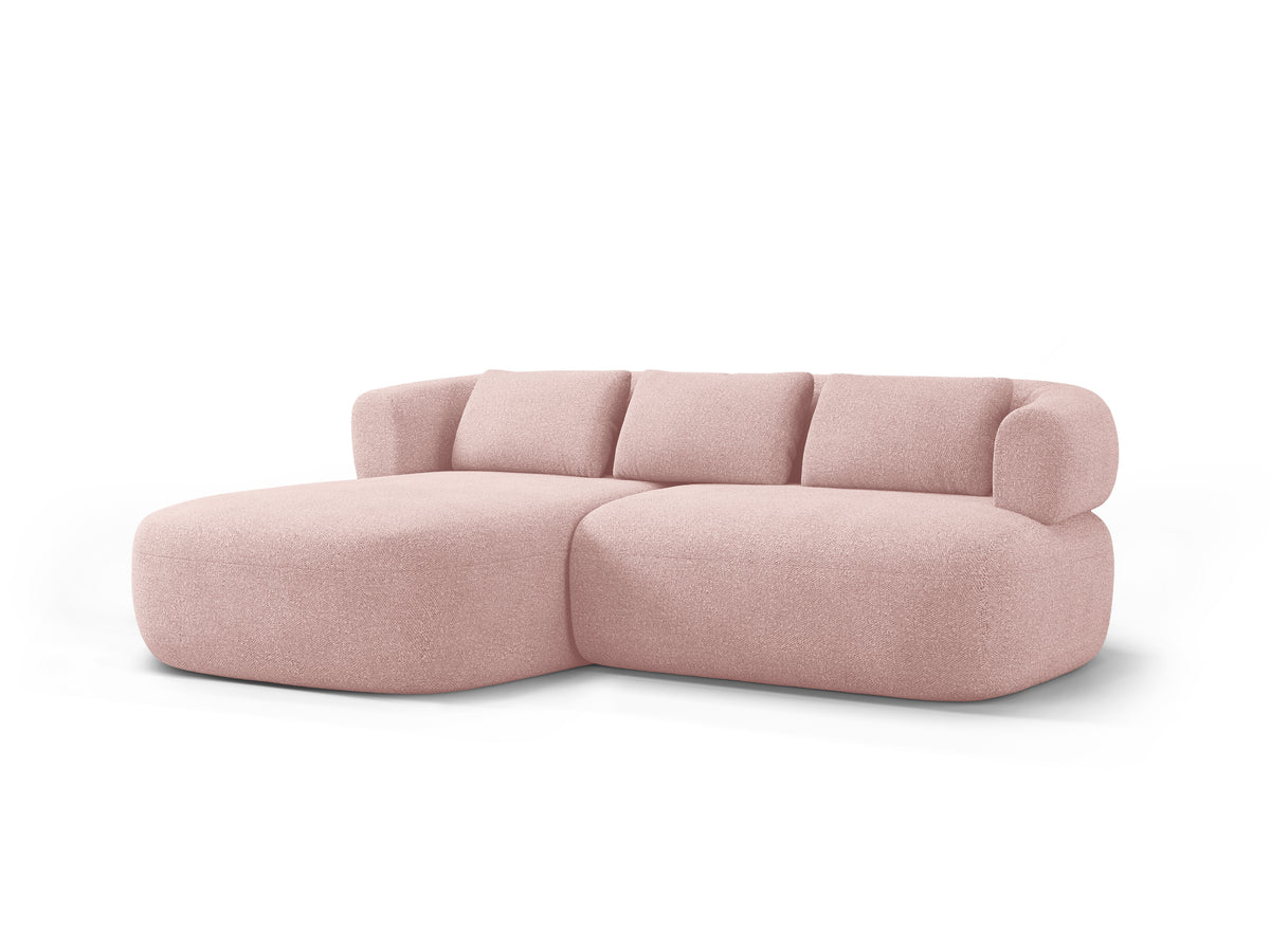 Left-facing 2-seater corner sofa ALDRIN in powder pink boucle.