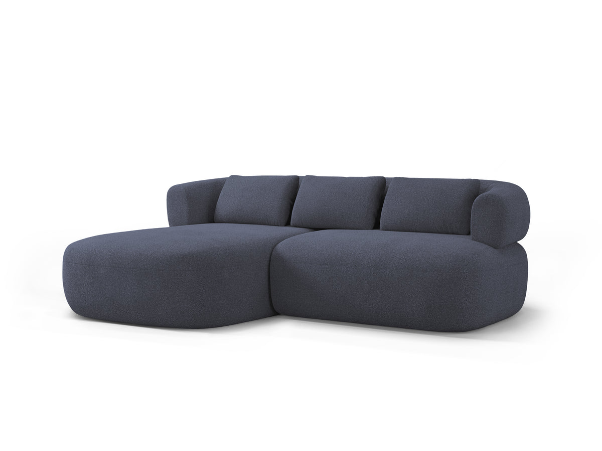 Left-facing 2-seater corner sofa ALDRIN in navy blue boucle.