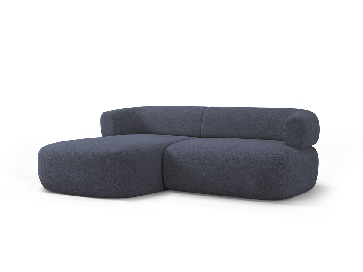 Left-facing 2-seater corner sofa ALDRIN in navy blue boucle.