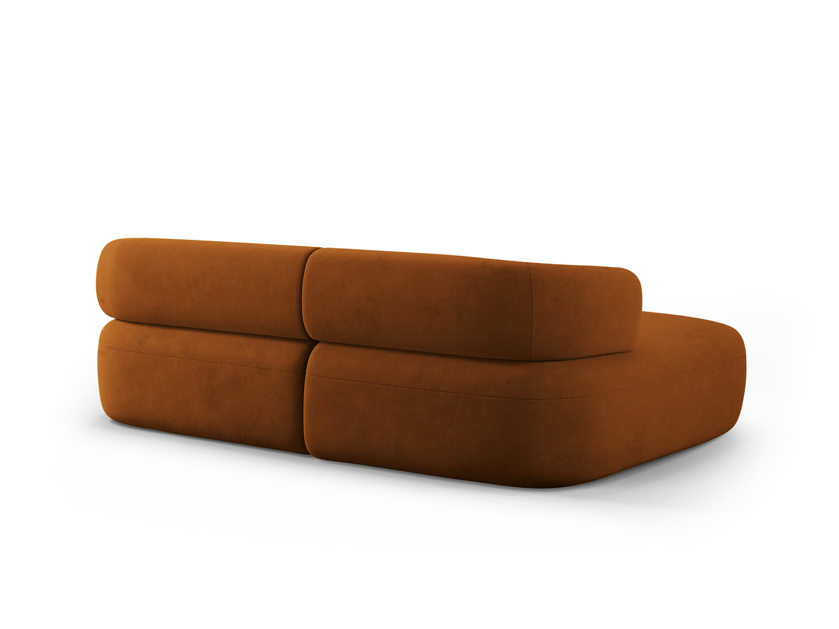 Velvet corner sofa for two, left-facing, ALDRIN in brick red.