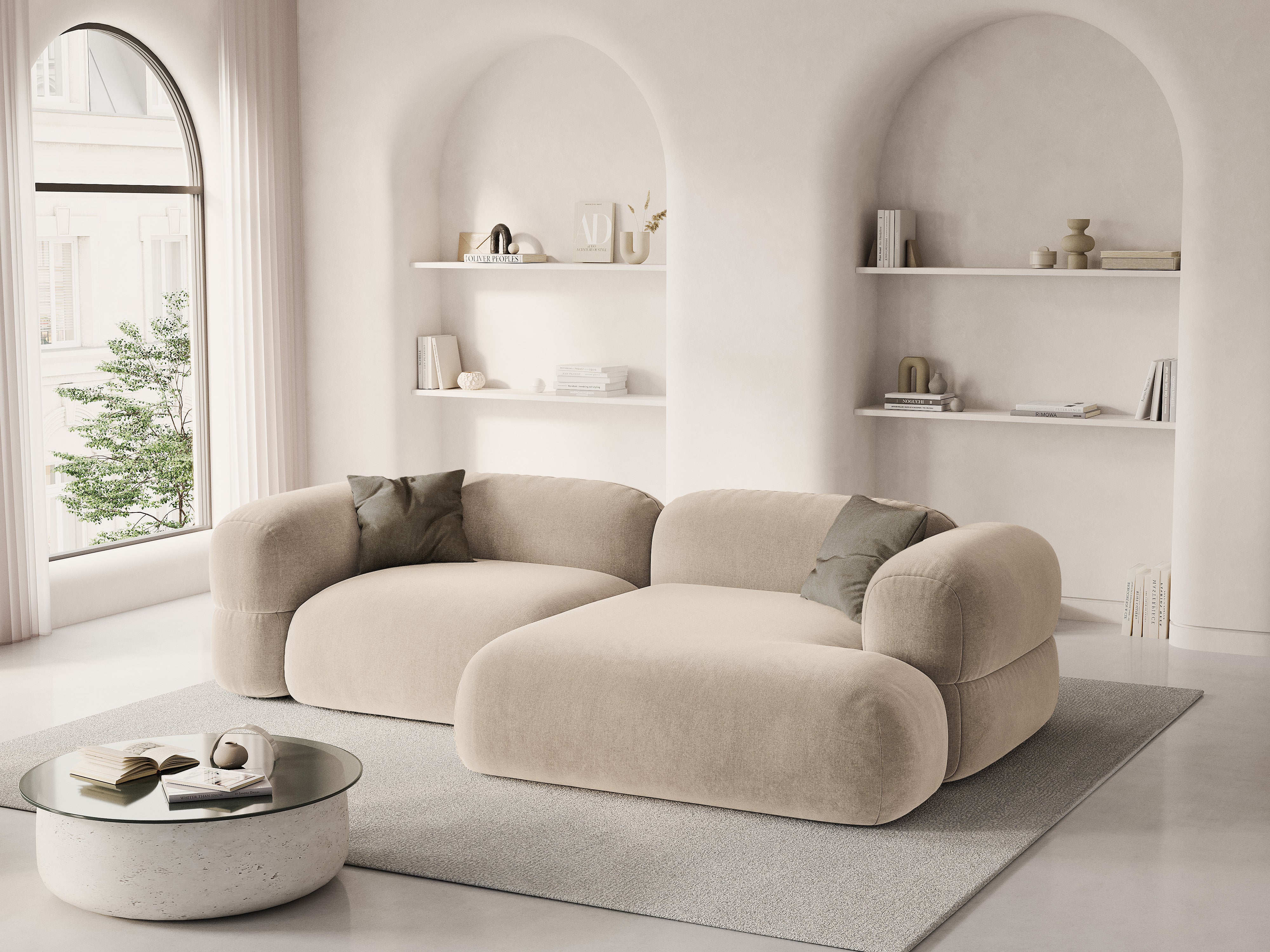 Right-facing velvet corner sofa ROGER light beige