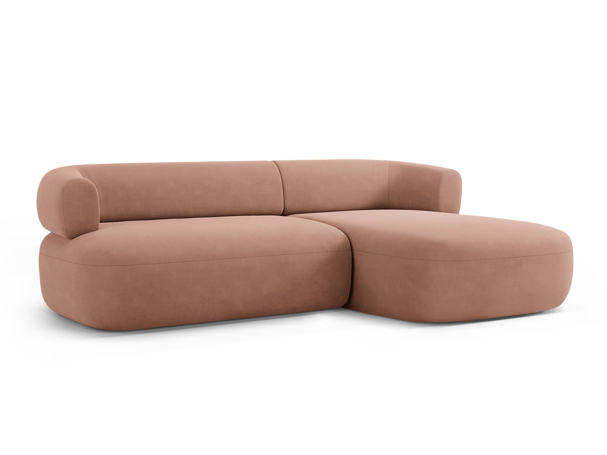 Velvet corner sofa for three people, right-facing, ALDRIN in pink.