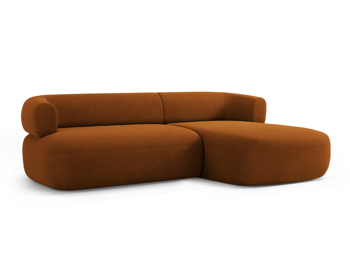 Velvet corner sofa for three people, right-facing, ALDRIN in brick red.