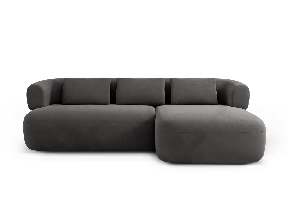 Velvet corner sofa for three people, right-facing, ALDRIN in dark gray.