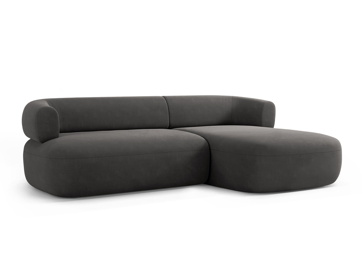 Velvet corner sofa for three people, right-facing, ALDRIN in dark gray.