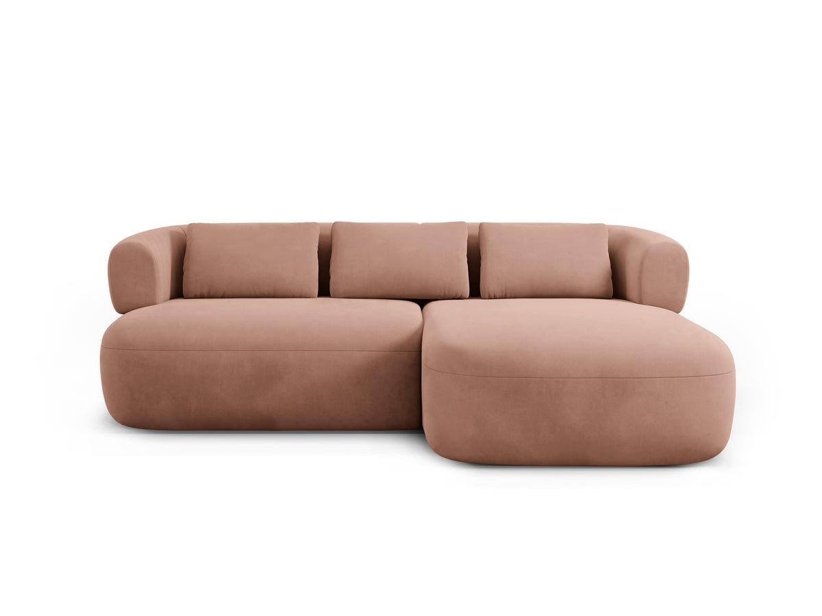 Velvet corner sofa for two, right-facing, ALDRIN in pink.
