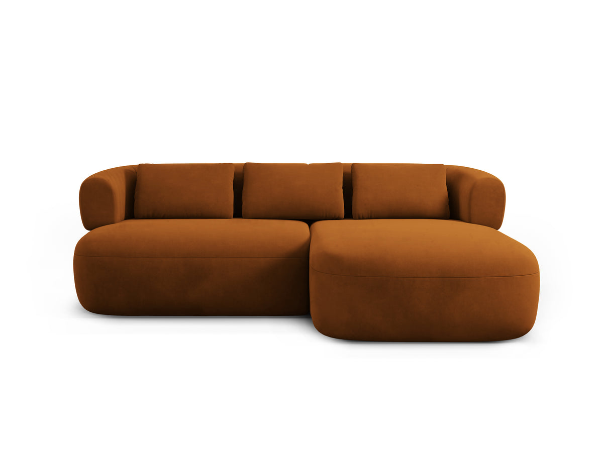 Velvet corner sofa for two, right-facing, ALDRIN in brick red.