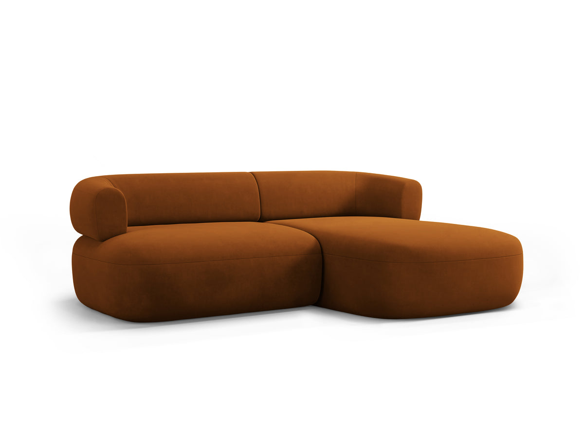 Velvet corner sofa for two, right-facing, ALDRIN in brick red.