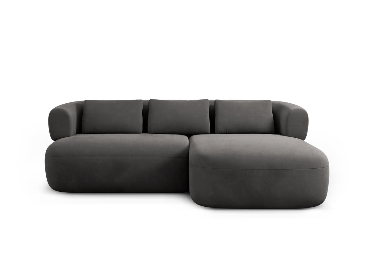 Velvet corner sofa for two, right-facing, ALDRIN in dark gray.