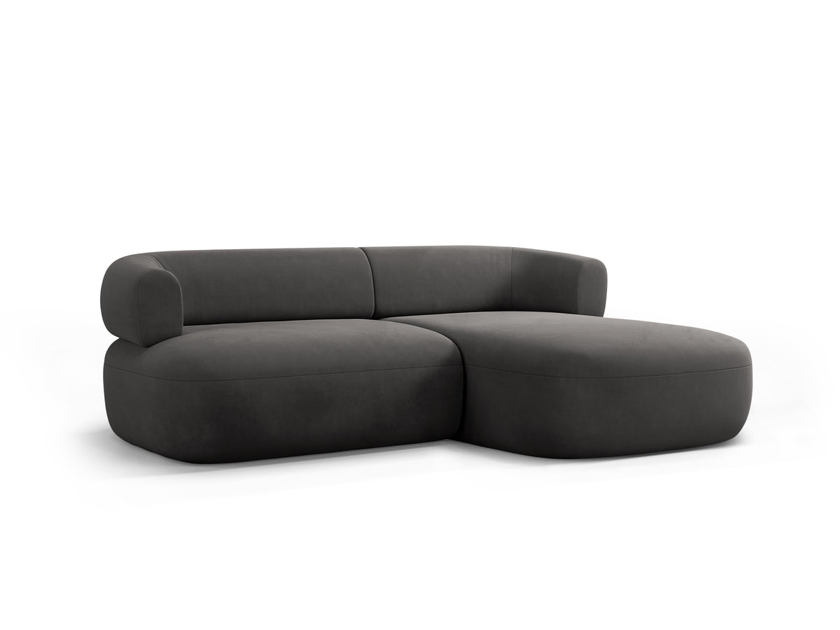 Velvet corner sofa for two, right-facing, ALDRIN in dark gray.