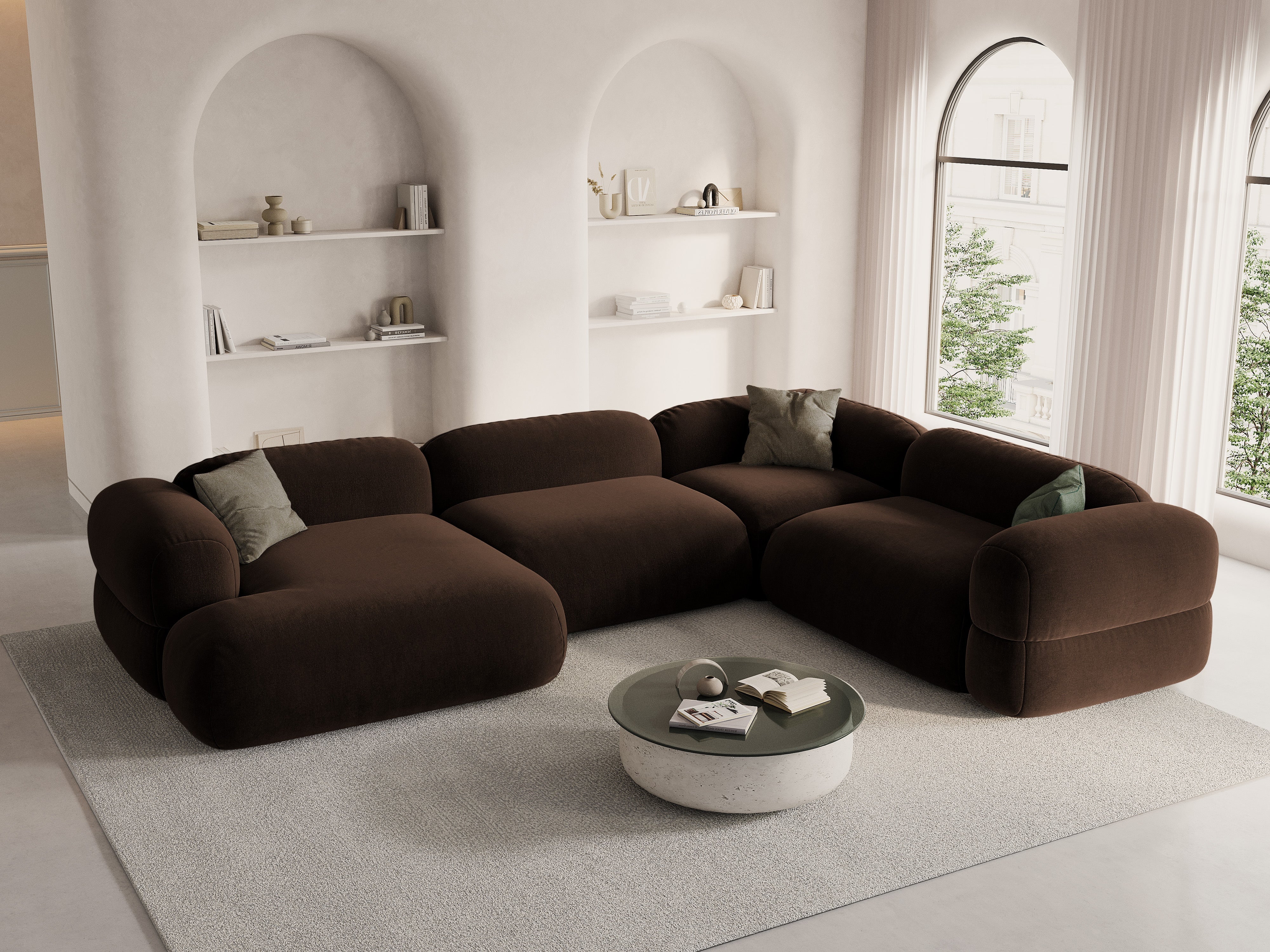 Samt-U-Form-Ecksofa rechts ROGER schokoladenbraun