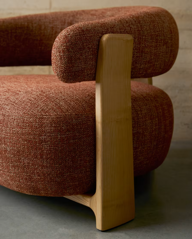 GRANITE armchair in red chenille with an ash base